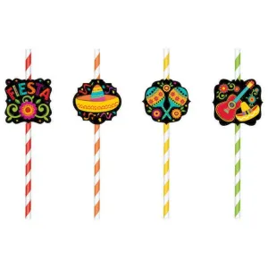 12 Pack Fiesta Paper Straws With Printed Ad Ons - 23cm