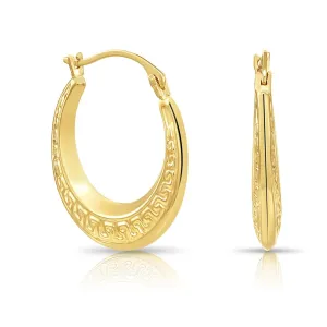 14K Yellow Gold Greek Key Curved Round Creole Hoops Earrings