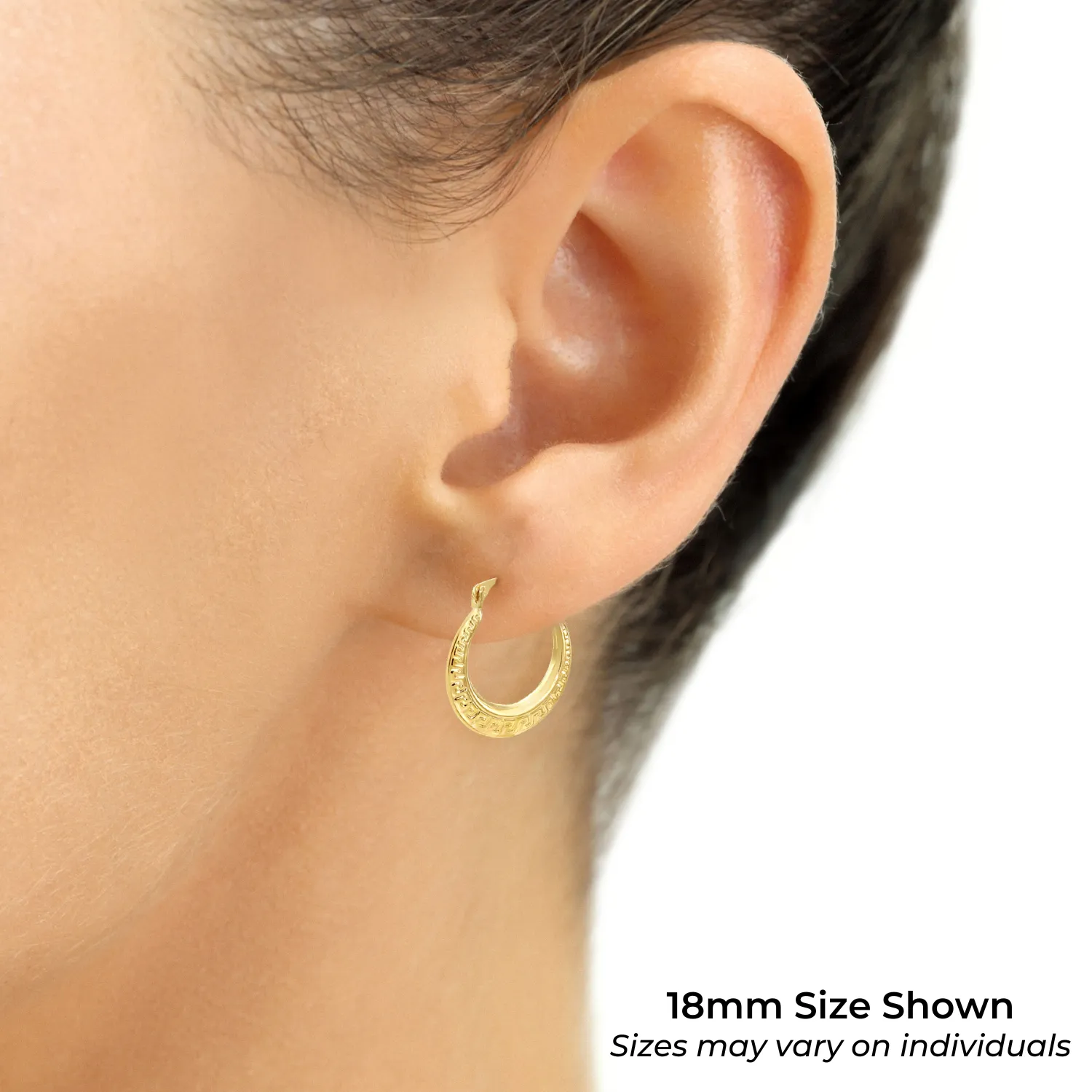 14K Yellow Gold Greek Key Curved Round Creole Hoops Earrings