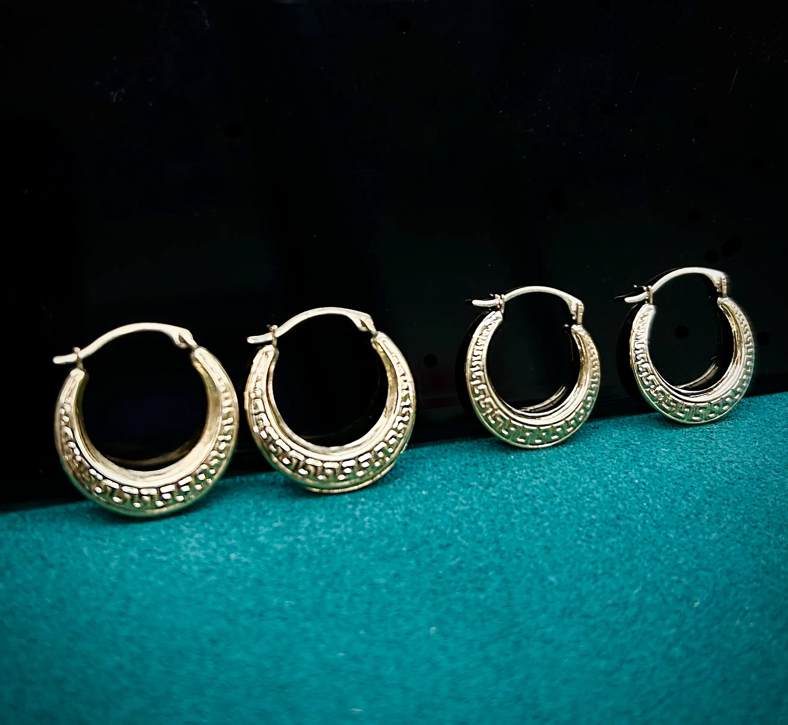 14K Yellow Gold Greek Key Curved Round Creole Hoops Earrings