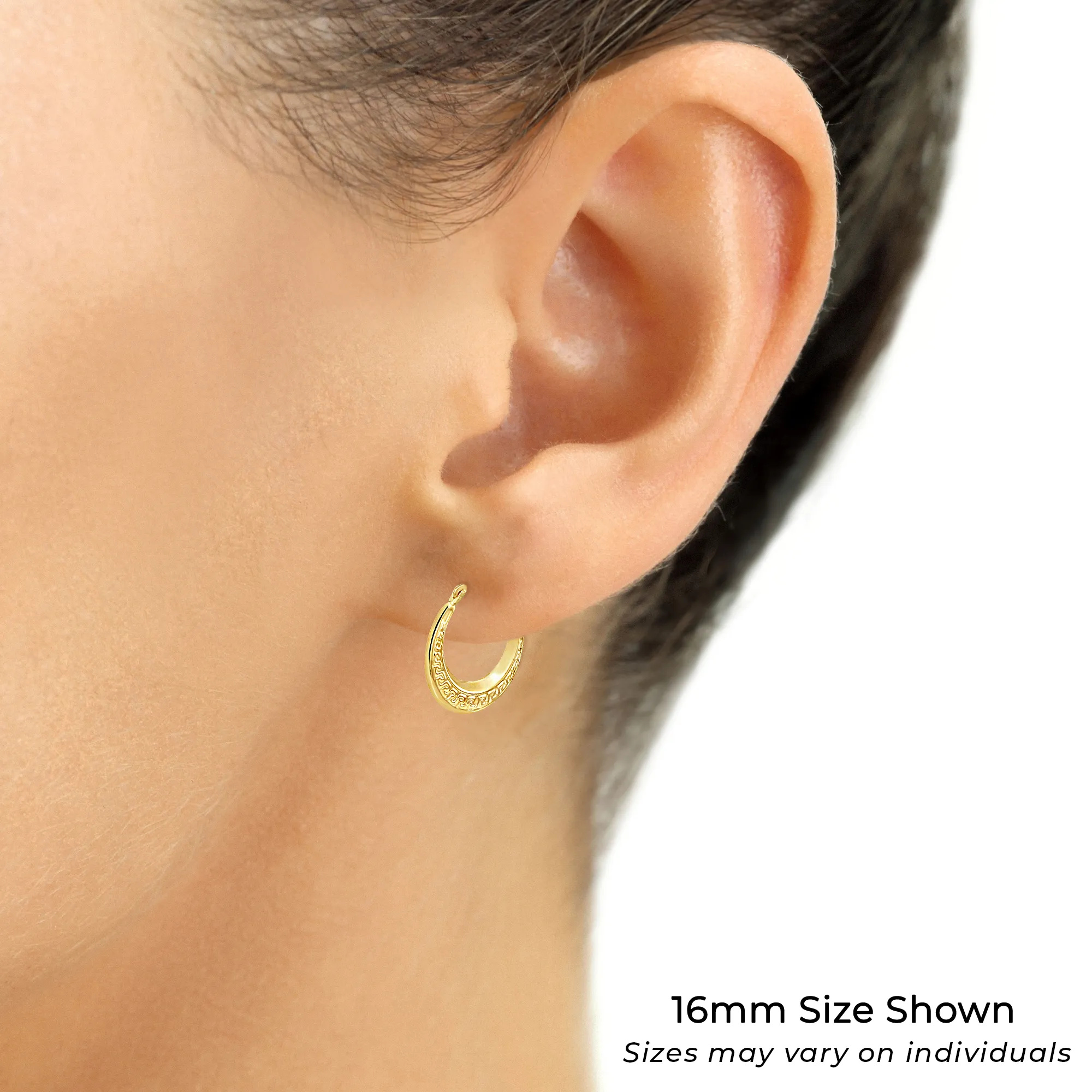 14K Yellow Gold Greek Key Curved Round Creole Hoops Earrings