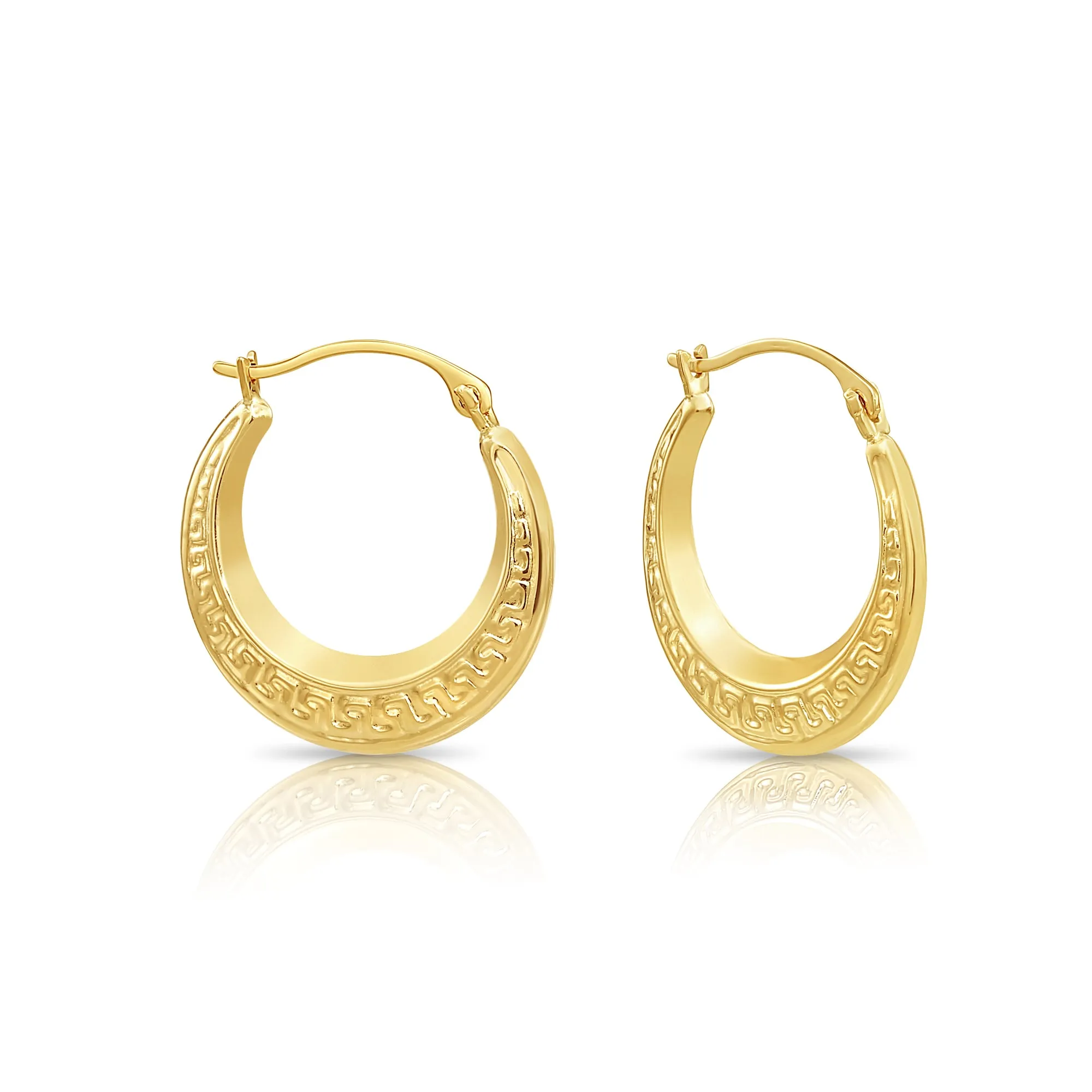 14K Yellow Gold Greek Key Curved Round Creole Hoops Earrings