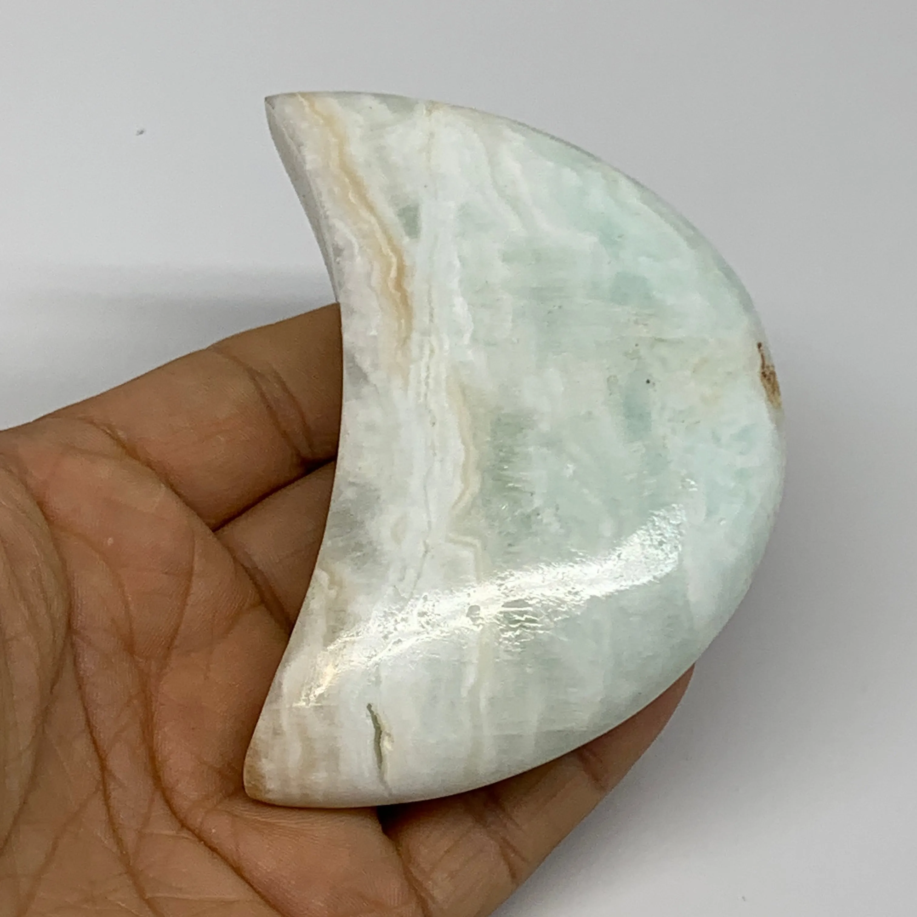 190g, 3.5"x2"x0.9", Caribbean Calcite Moon Crescent Gemstone, B33615