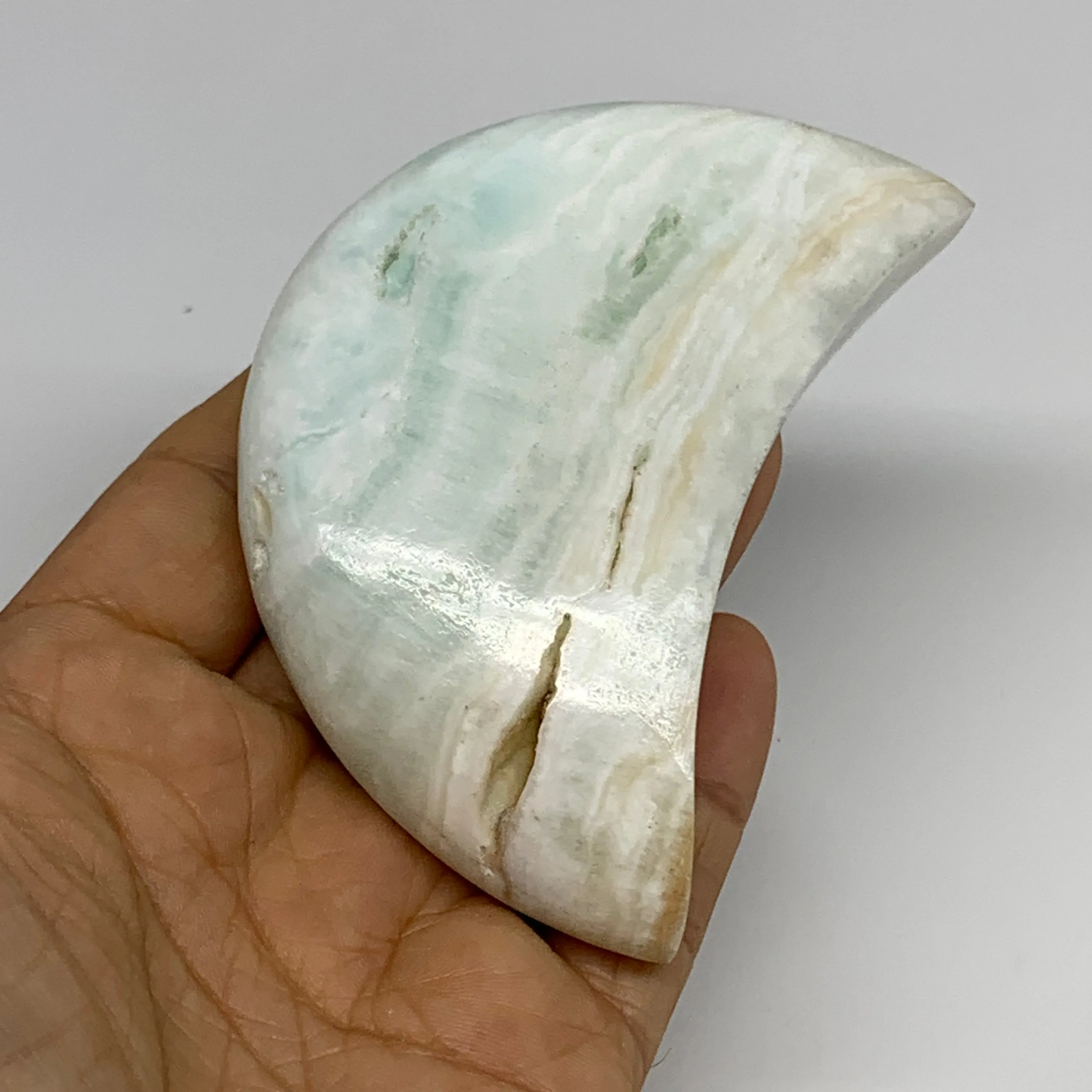 190g, 3.5"x2"x0.9", Caribbean Calcite Moon Crescent Gemstone, B33615