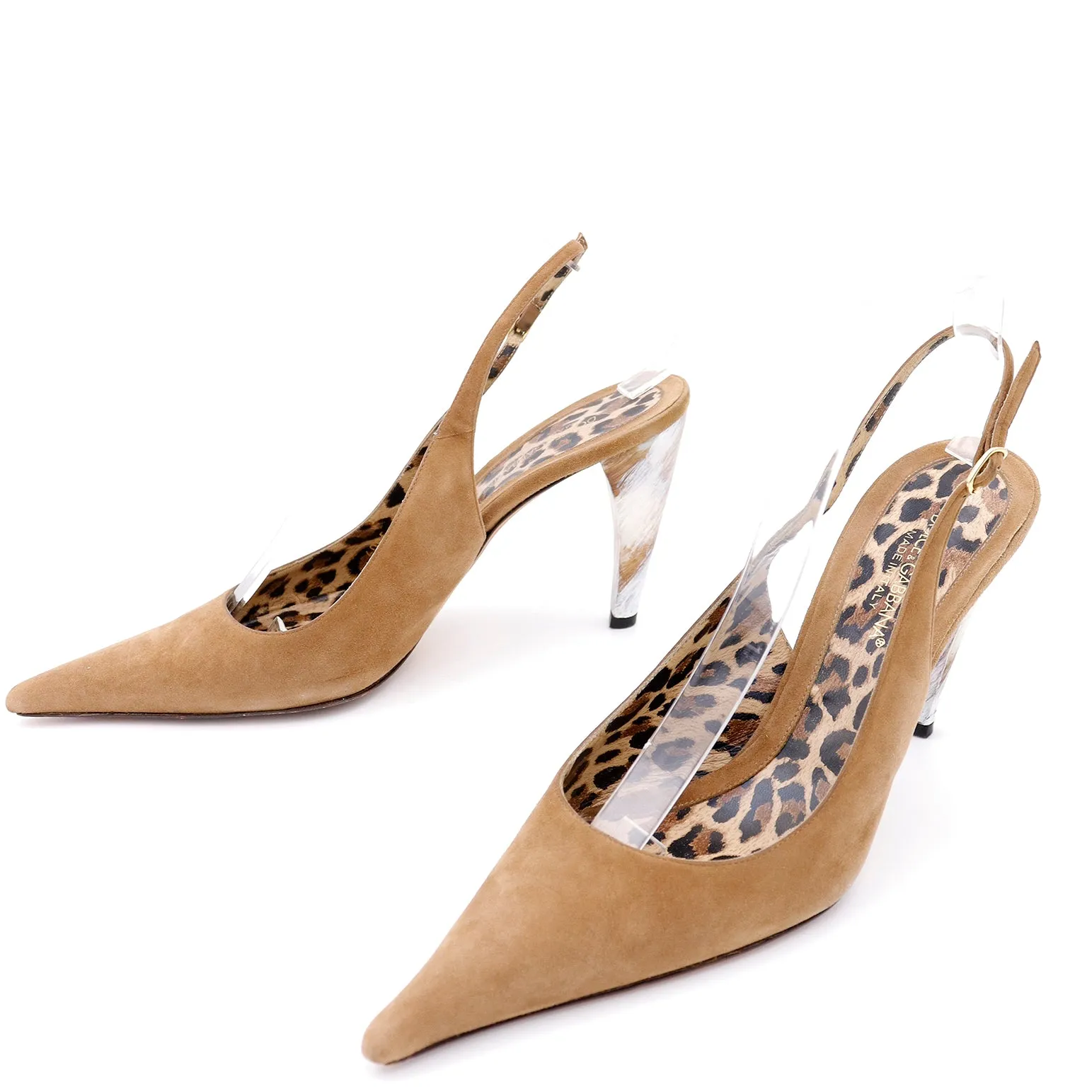 1990s Dolce & Gabbana Tan Suede Slingback Shoes w Marbled Heels