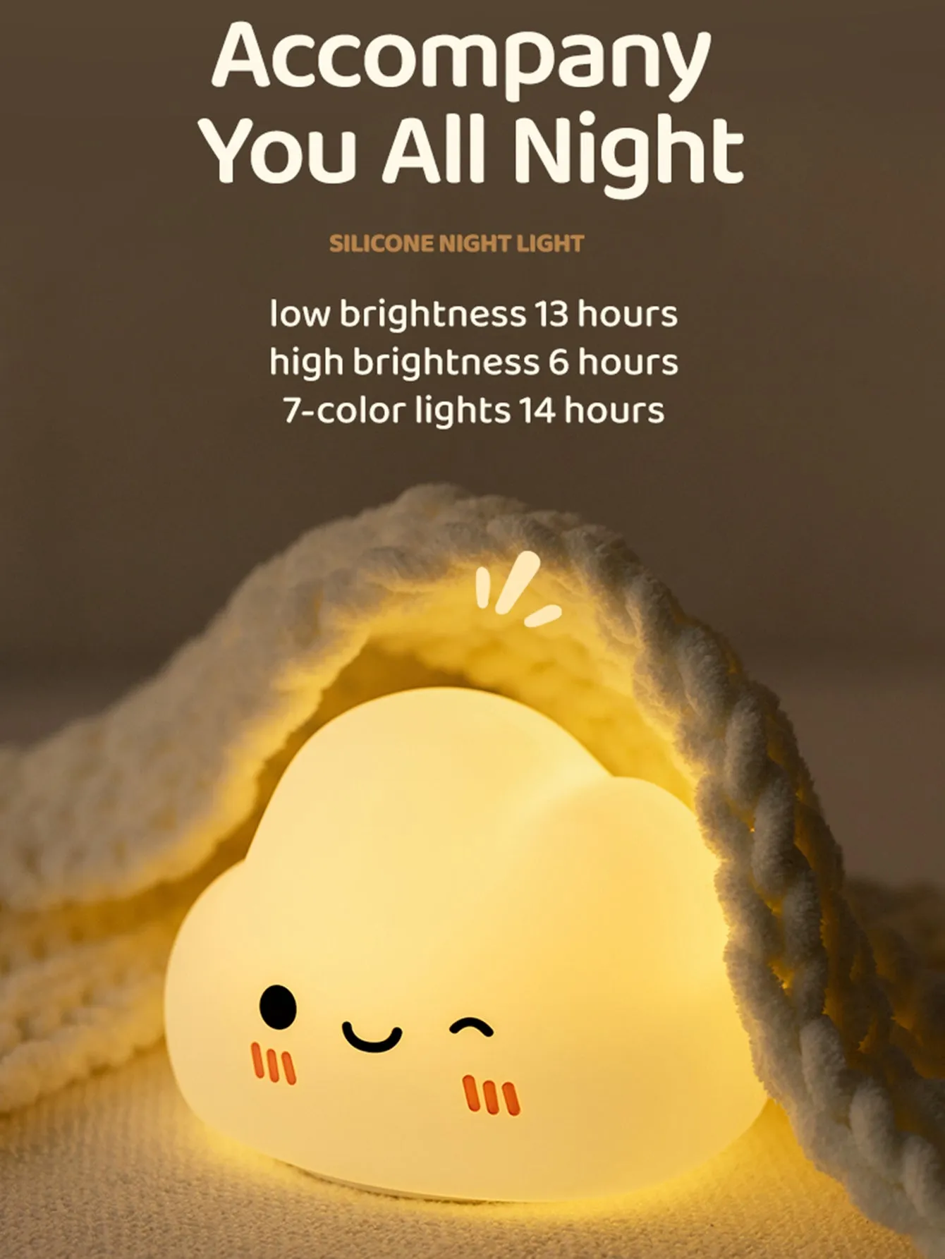 1pcs Cute Cloud Silicone LED Night Light for Bedside, Atmosphere Lamp, Baby Sleep Companion, Nursing Nightlight, Soothing Warm Glow, Easy Operation, Touch to Illuminate, Soft Silicone Material