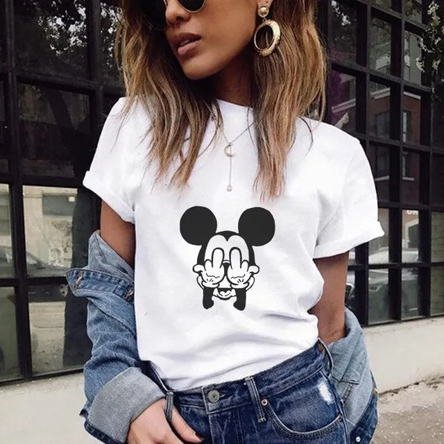 2020 Summer Mickey Mouse Middle Finger Harajuku Kawaii  Mouse  Top Loose Street Wear Women Clothing animal print harajuku shirt