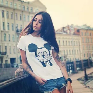 2020 Summer Mickey Mouse Middle Finger Harajuku Kawaii  Mouse  Top Loose Street Wear Women Clothing animal print harajuku shirt