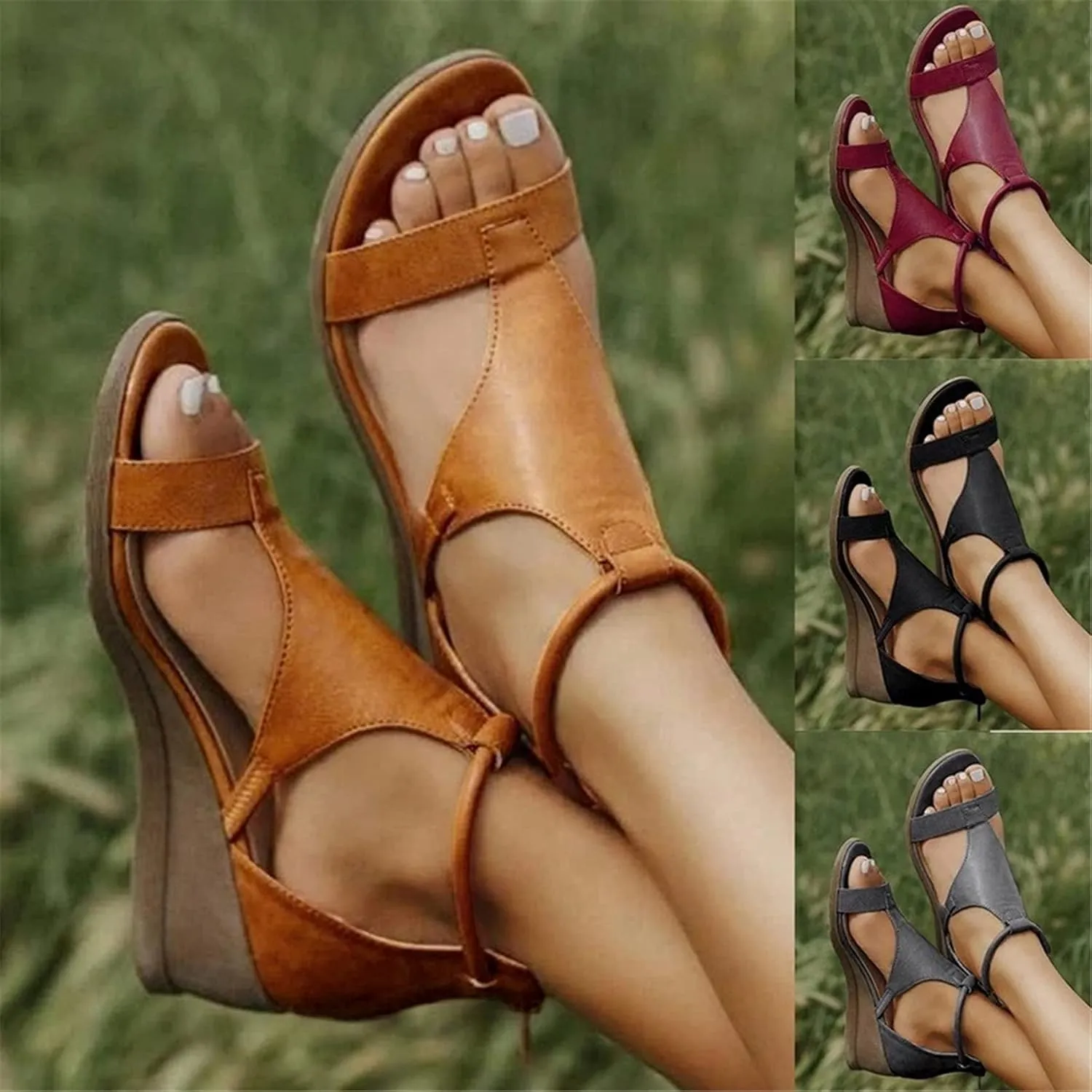 2022 Summer New Women's Metal Decor Feature Pattern Wedge Flip-Flops,Flip Flops Wedge Sandals with Arch Support Corrective,Brown,US9/EU41