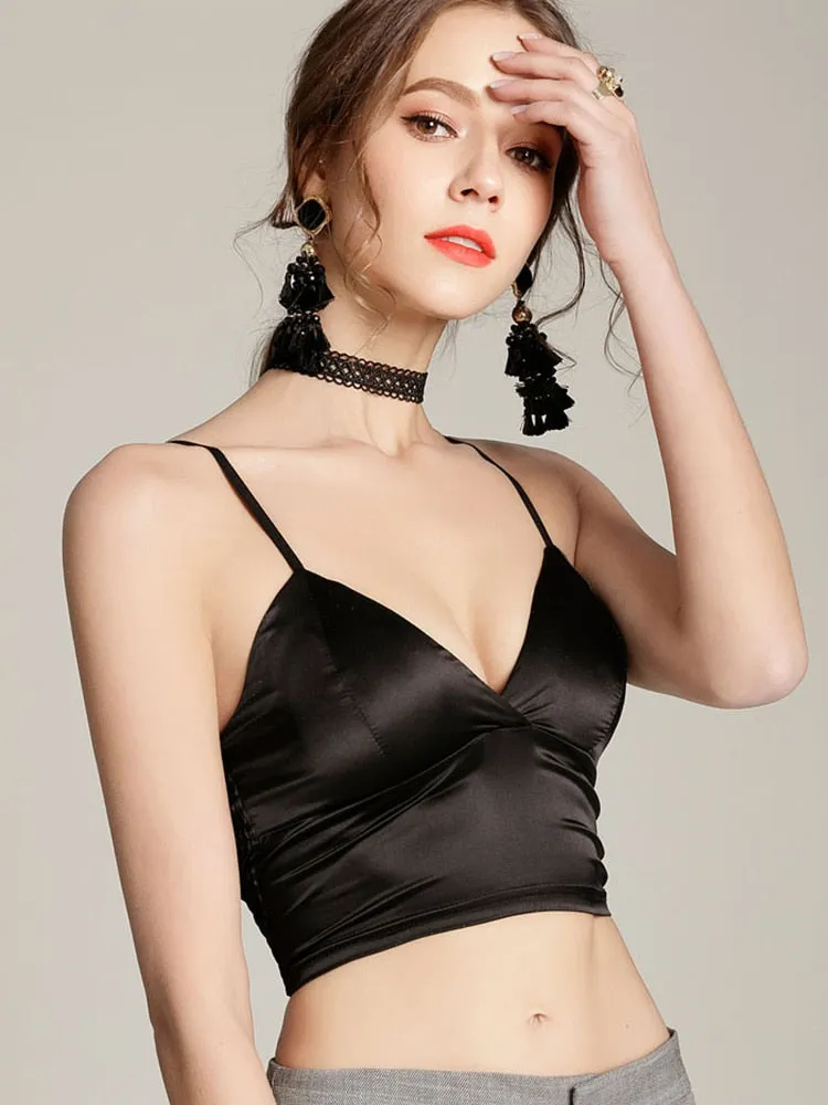 2023 Pydshop    Satin Crop Tops Women Short Solid   Ladies Vest Tops Fashion Streetwear Tank Top Tube Female Black White Party Club