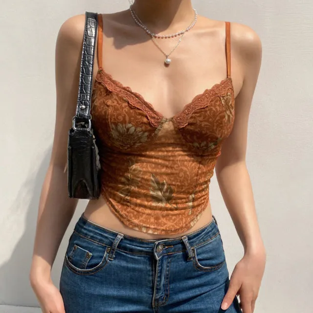26 Style Floral Mesh Cyber Tops Women Aesthetics Cropped Clothes Streetwear