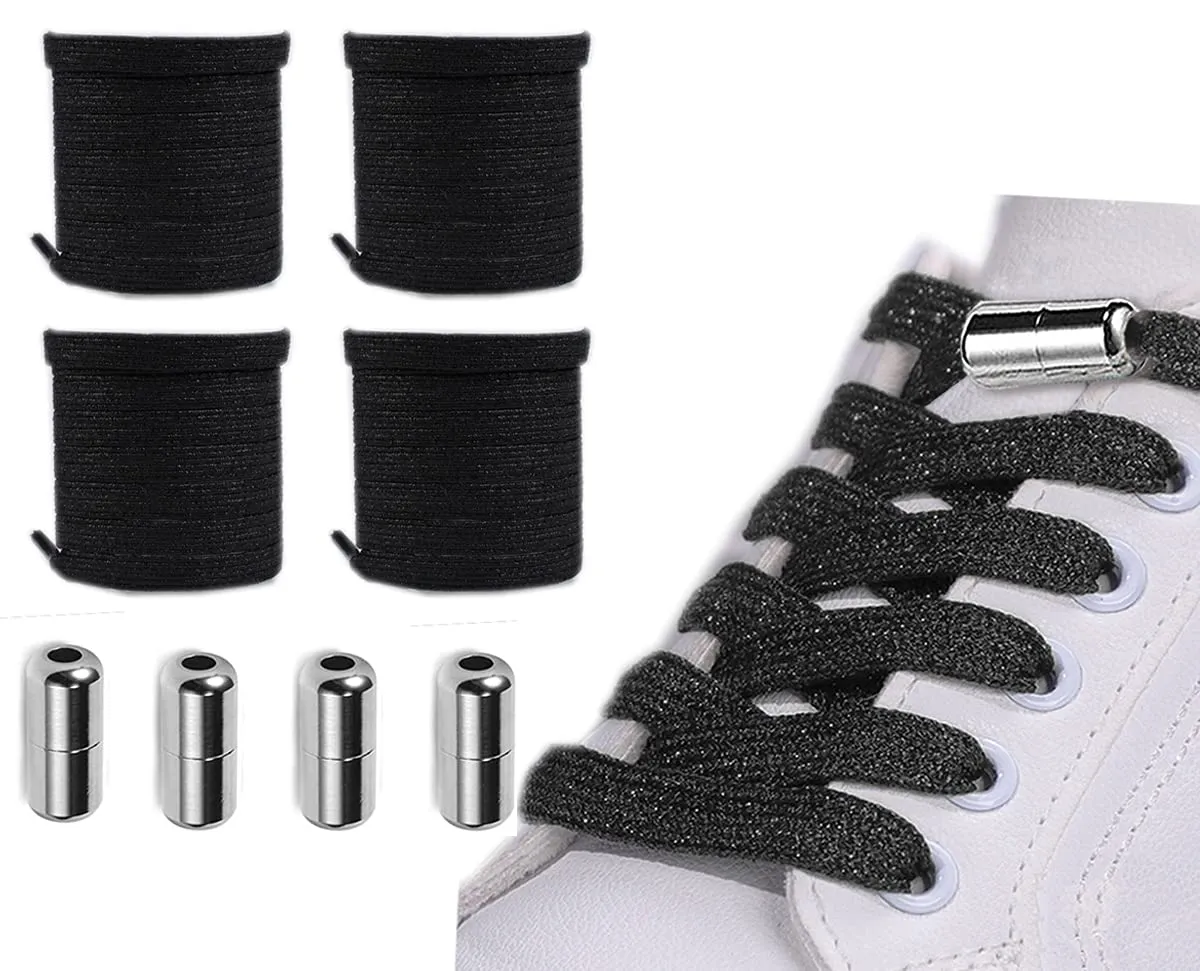 2Pairs No Tie Shoelaces ,Elastic Shoe Laces for Adults and Kids Sneakers,Elastic No Tie Shoelaces 2pairs-silver Black