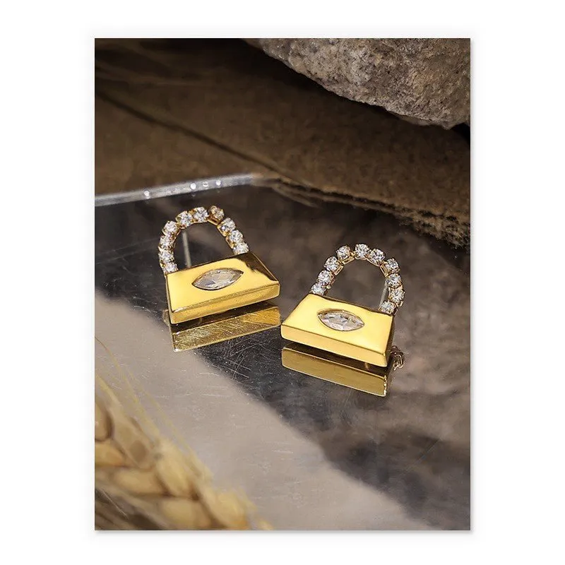 Add to Bag-18K Plated Gold and Diamond Purse Earrings