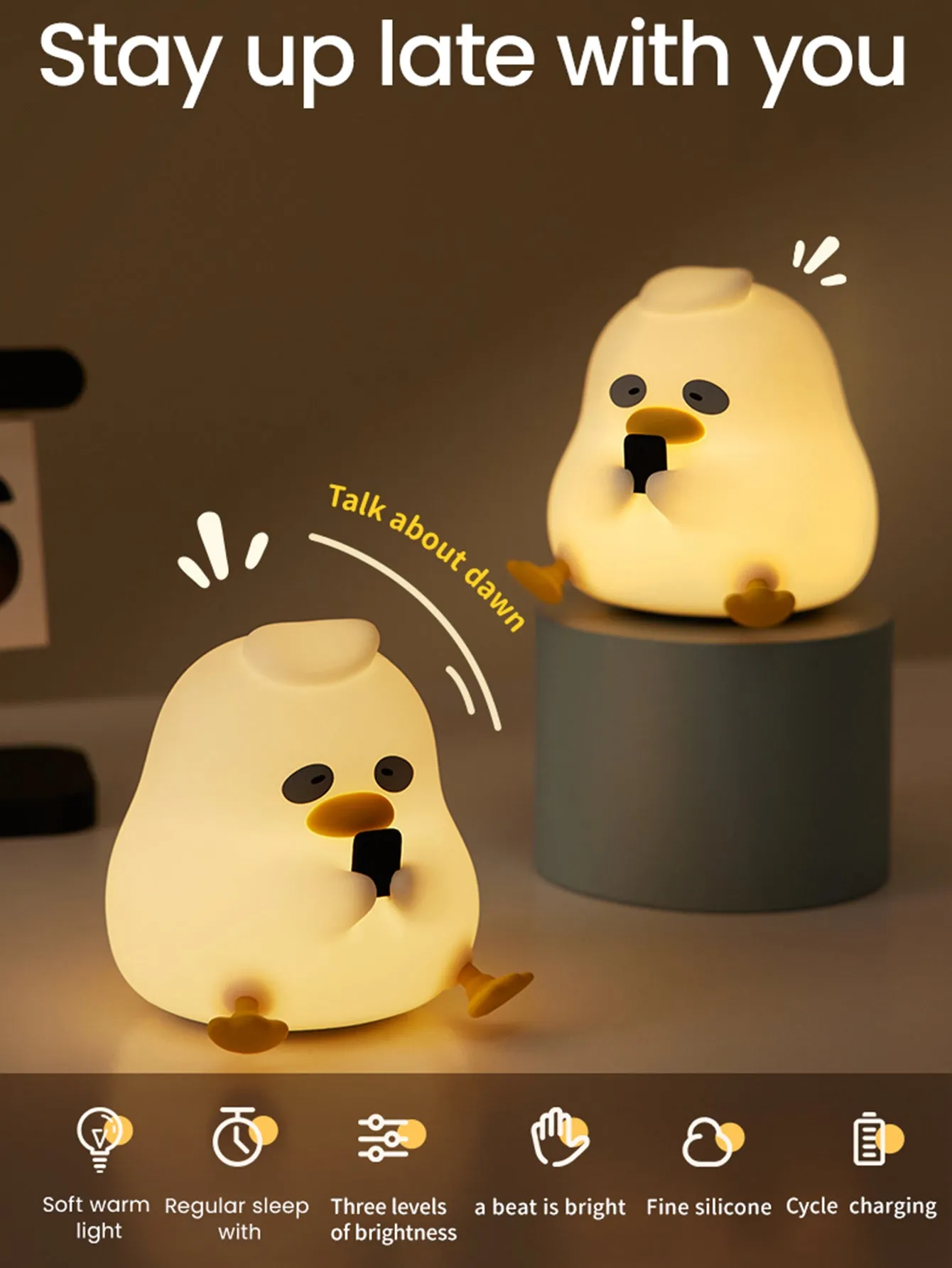 Adorable Silicone Duck LED Night Light - Rechargeable Tap Control, Adjustable Brightness, Long Battery Life, Soft Silicone Material, Perfect for Bedroom Ambiance