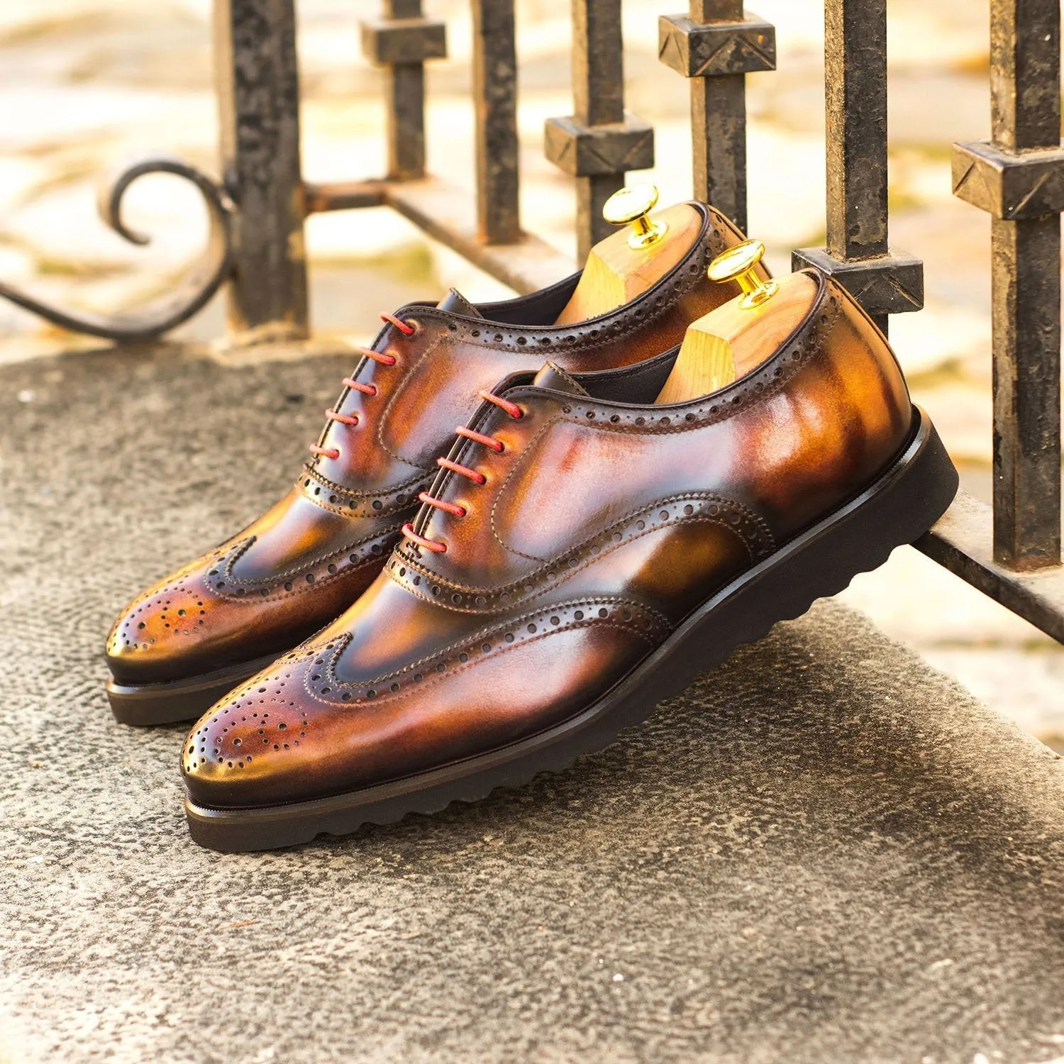 Ambrogio Bespoke Men's Handmade Custom Shoes Brown, Tobacco & Fire Patina Leather Wingtip Oxfords (AMB1828)