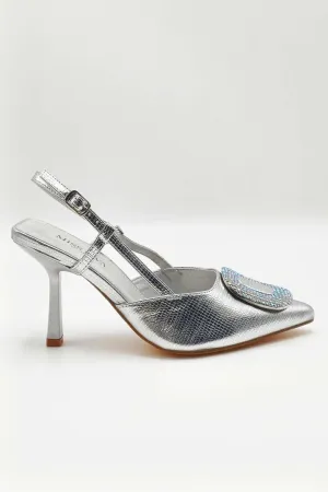 Amia Diamante Brooch Detail Slingback Court Heel in Silver