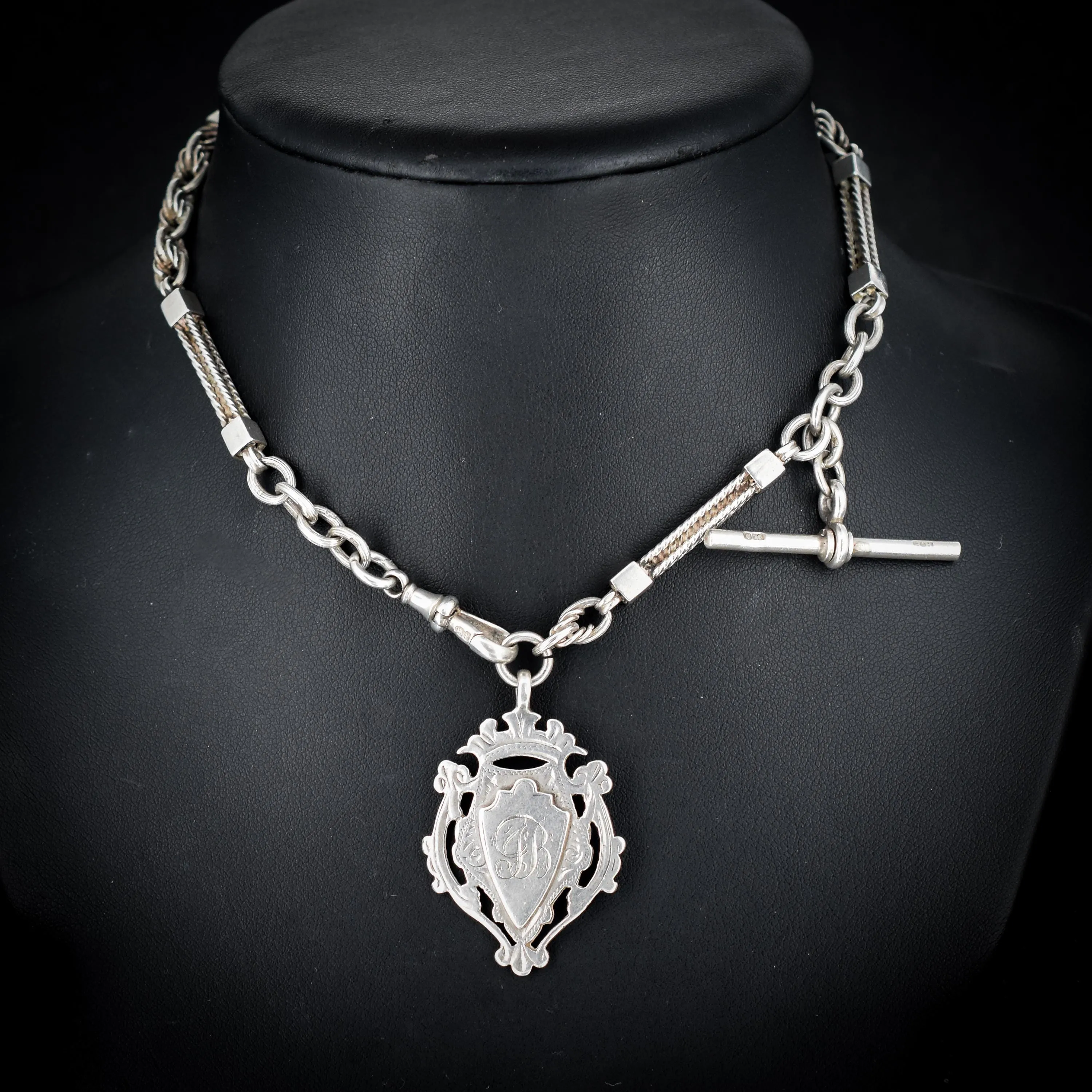 Antique Sterling Silver Albert Watch Chain with T-Bar, Medal and Dog Clip
