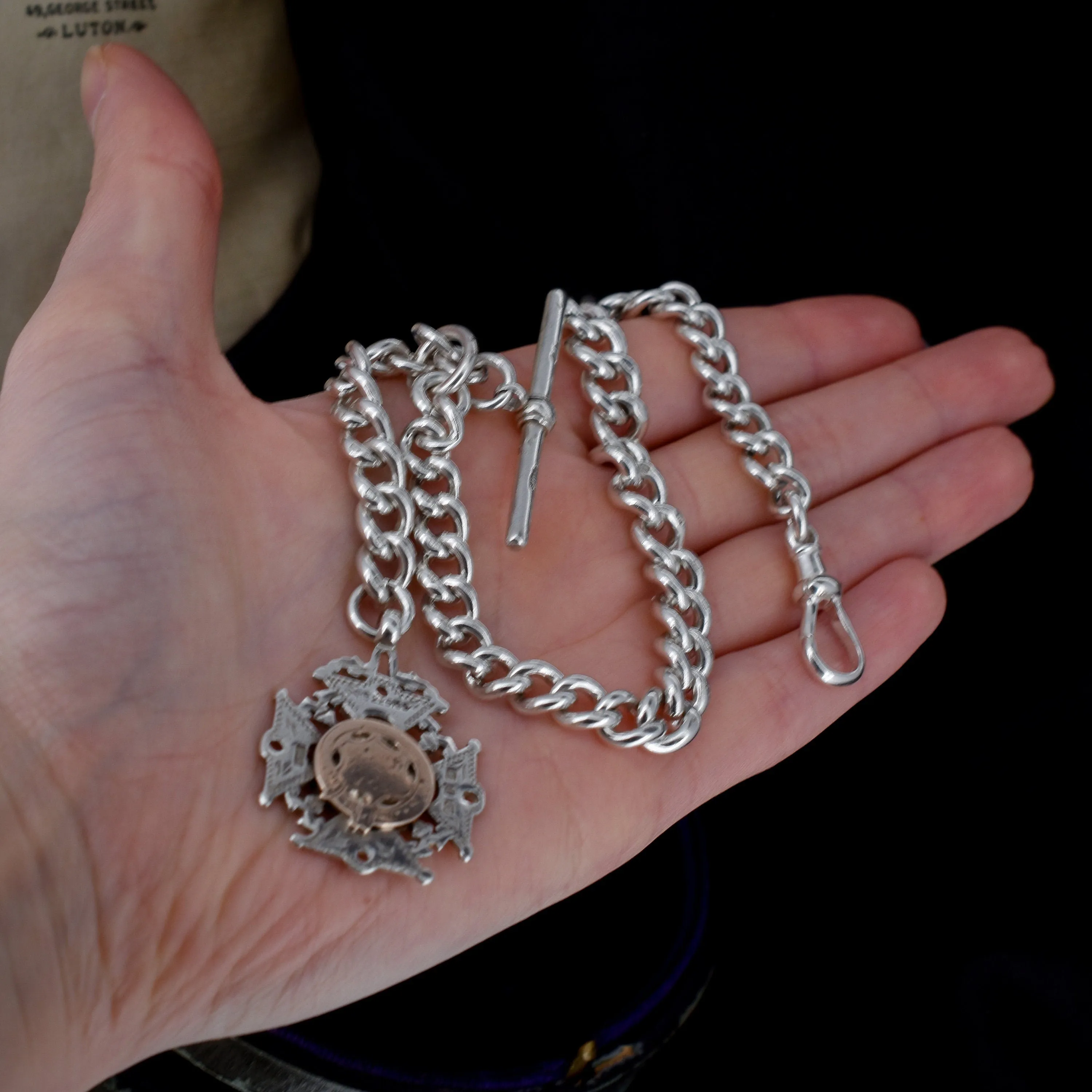 Antique Victorian Sterling Silver Curb Link Albert Watch Chain with T-Bar, Medal and Dog Clip