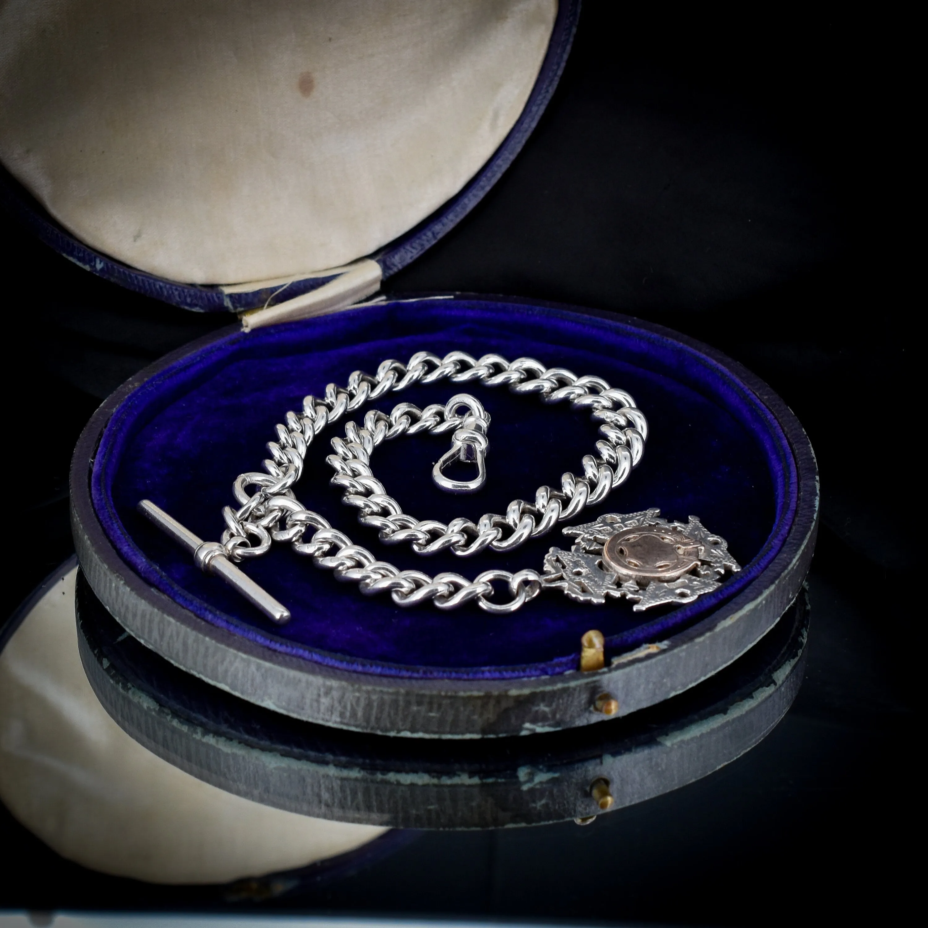 Antique Victorian Sterling Silver Curb Link Albert Watch Chain with T-Bar, Medal and Dog Clip