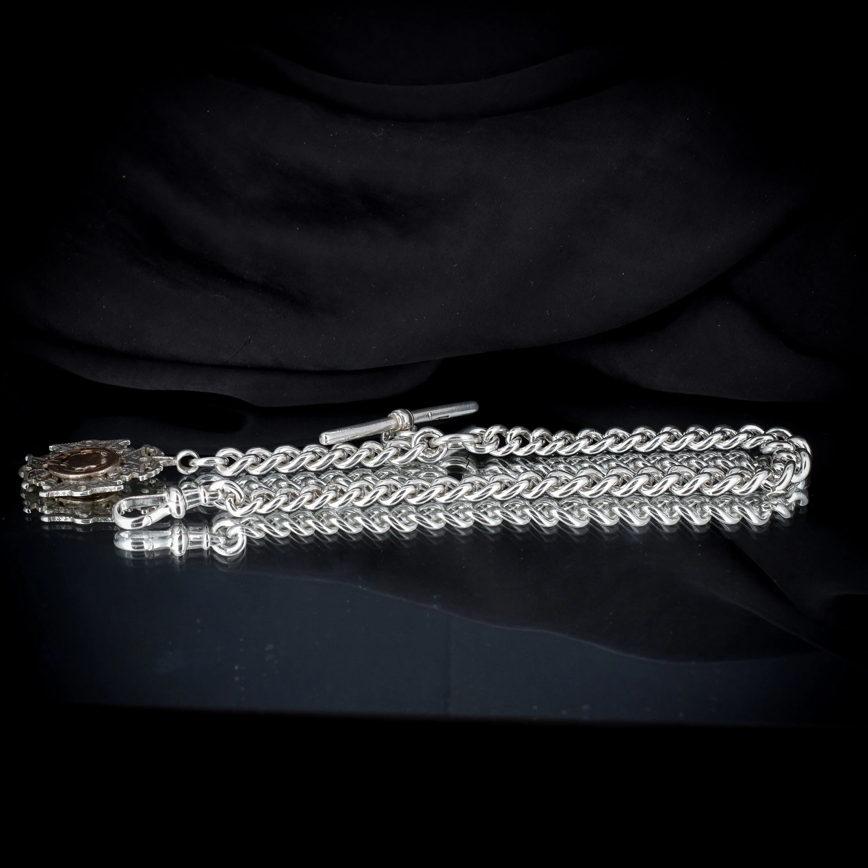 Antique Victorian Sterling Silver Curb Link Albert Watch Chain with T-Bar, Medal and Dog Clip