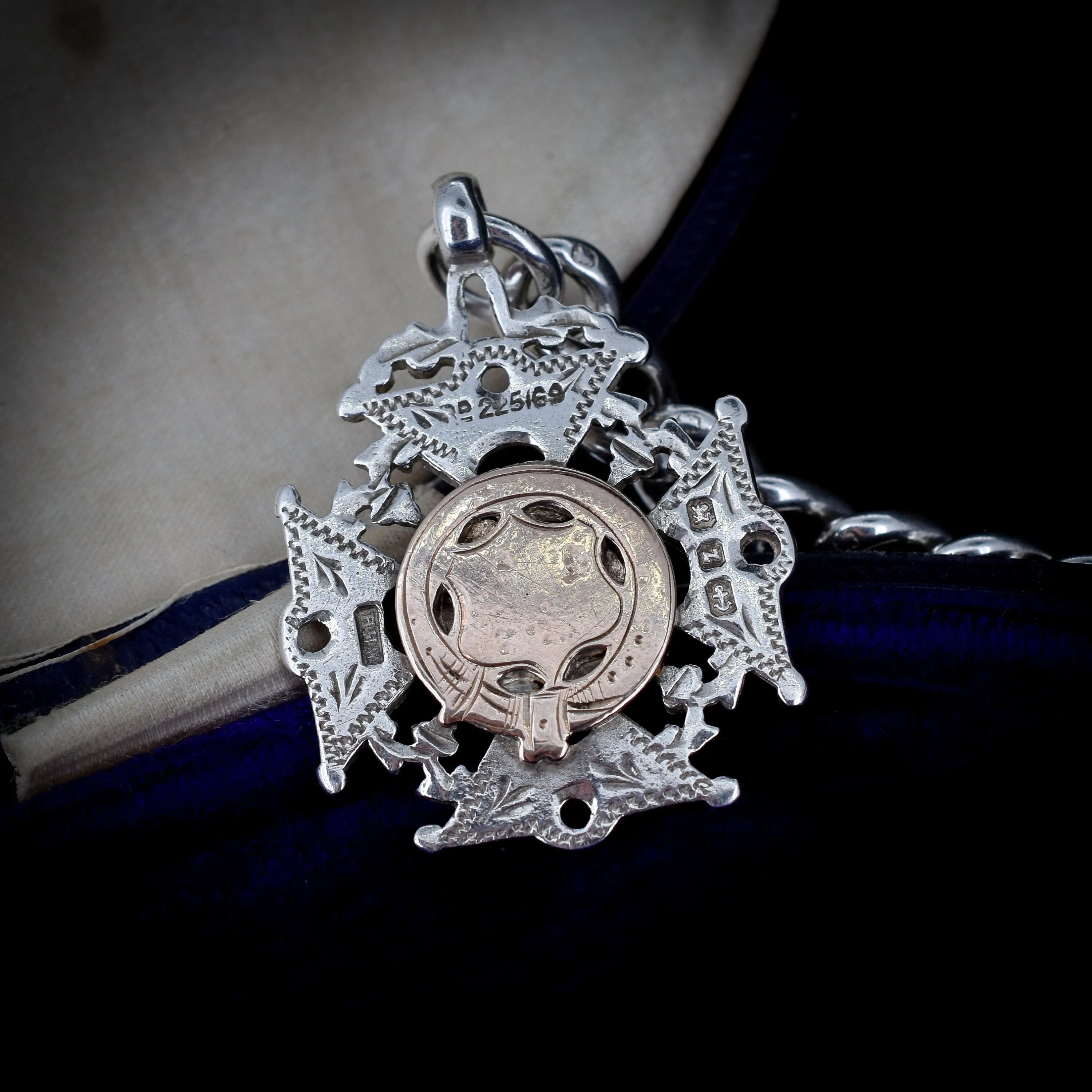 Antique Victorian Sterling Silver Curb Link Albert Watch Chain with T-Bar, Medal and Dog Clip