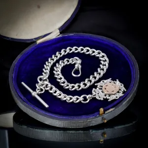 Antique Victorian Sterling Silver Curb Link Albert Watch Chain with T-Bar, Medal and Dog Clip