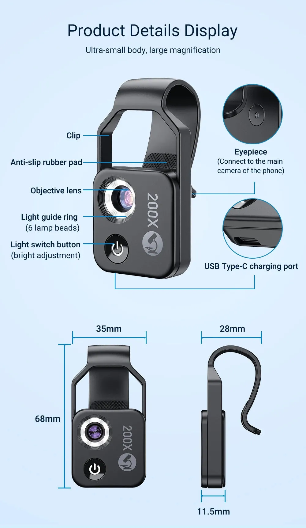 APEXEL 200X Magnification Microscope lens withCPL Mobile LED Light Micro Pocket Macro Lenses for iPhone Samsung  all smartphones