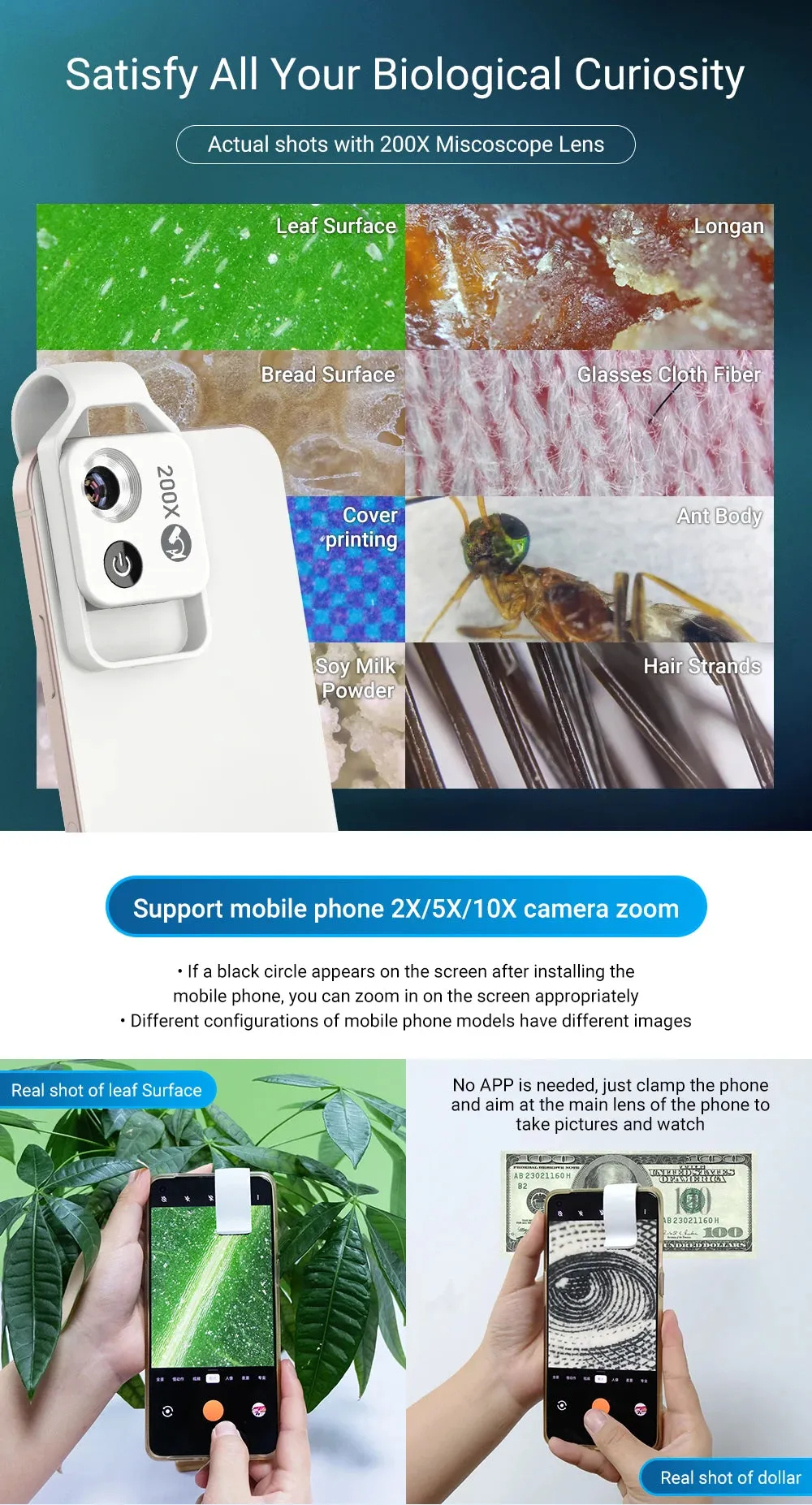 APEXEL 200X Magnification Microscope lens withCPL Mobile LED Light Micro Pocket Macro Lenses for iPhone Samsung  all smartphones