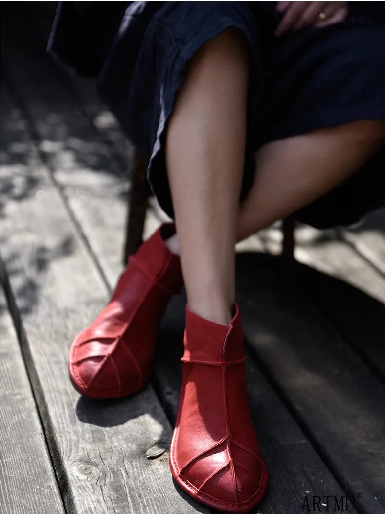 ARTMU ZIP BACK FLAT ANKLE BOOTS IN RED