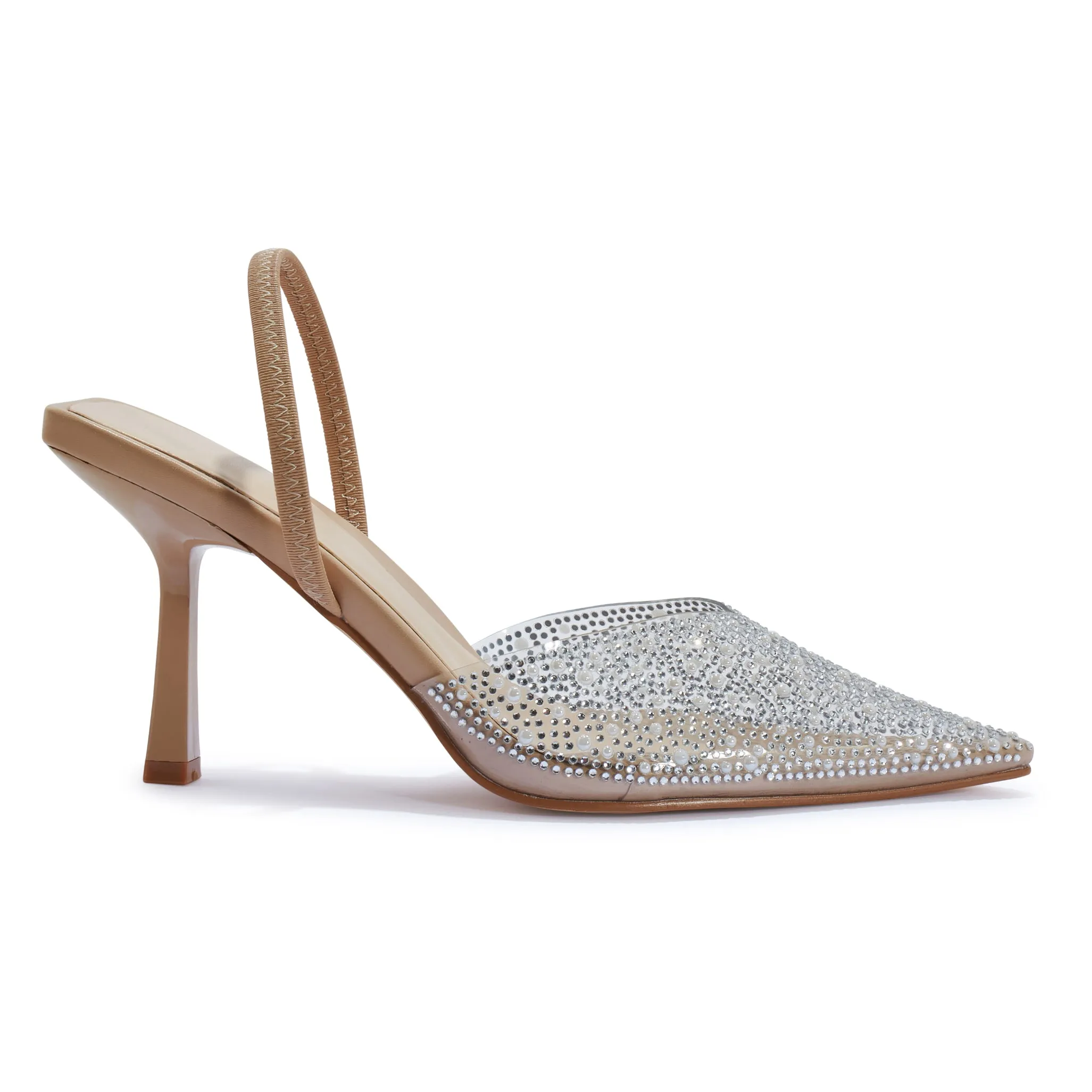ASHLEY NUDE PERSPEX PEARL SLINGBACK JEWEL HEELS
