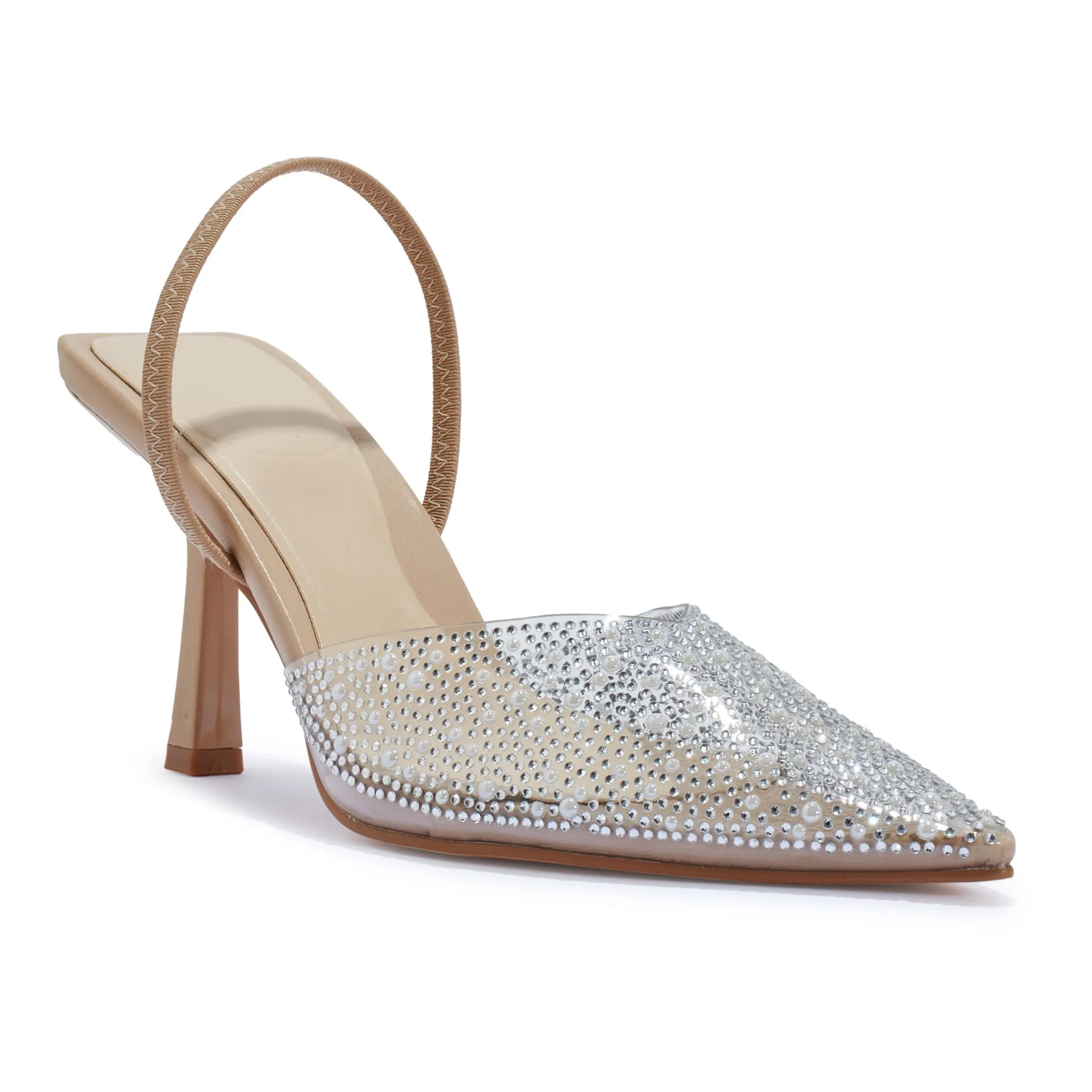 ASHLEY NUDE PERSPEX PEARL SLINGBACK JEWEL HEELS