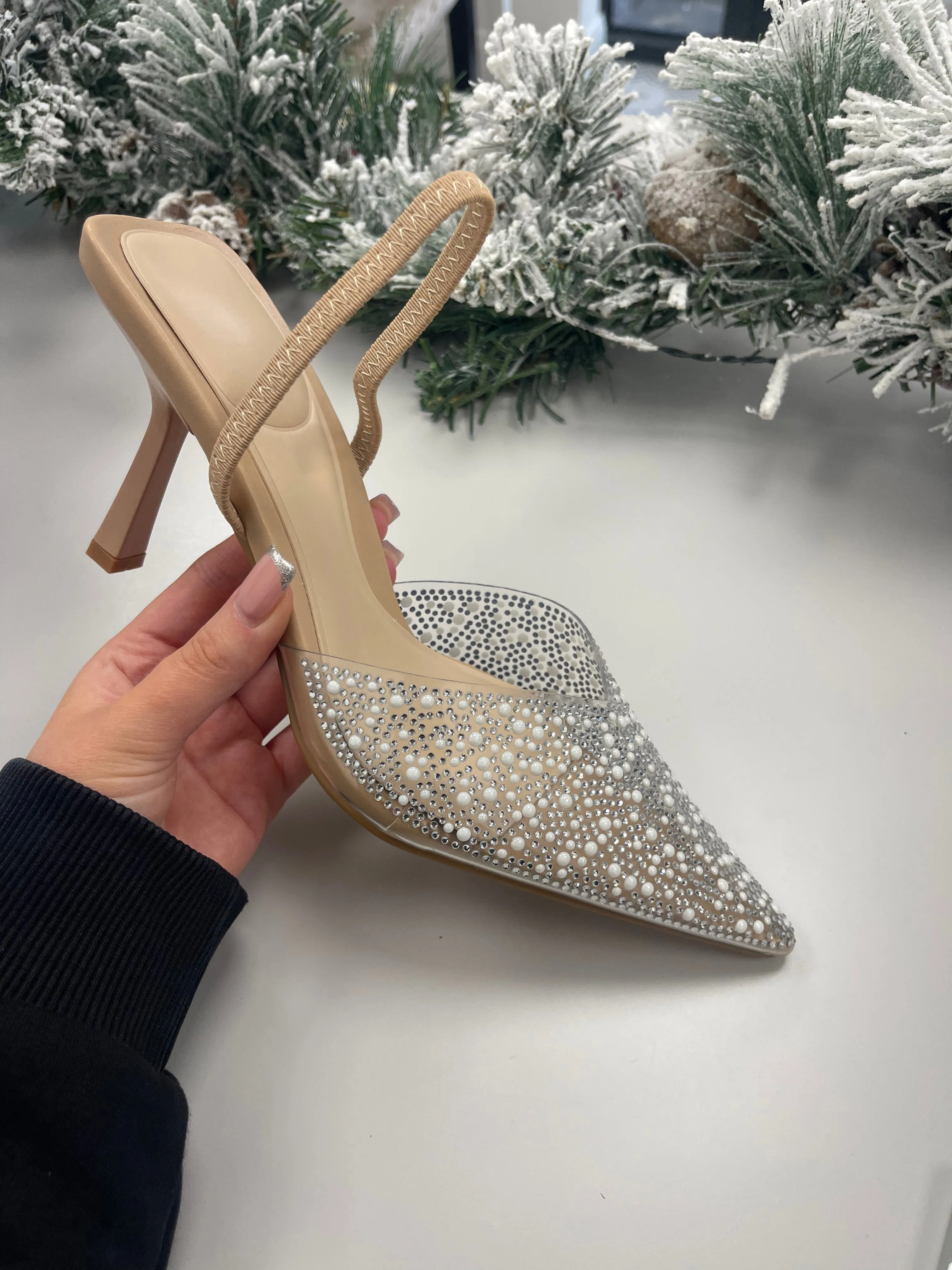 ASHLEY NUDE PERSPEX PEARL SLINGBACK JEWEL HEELS