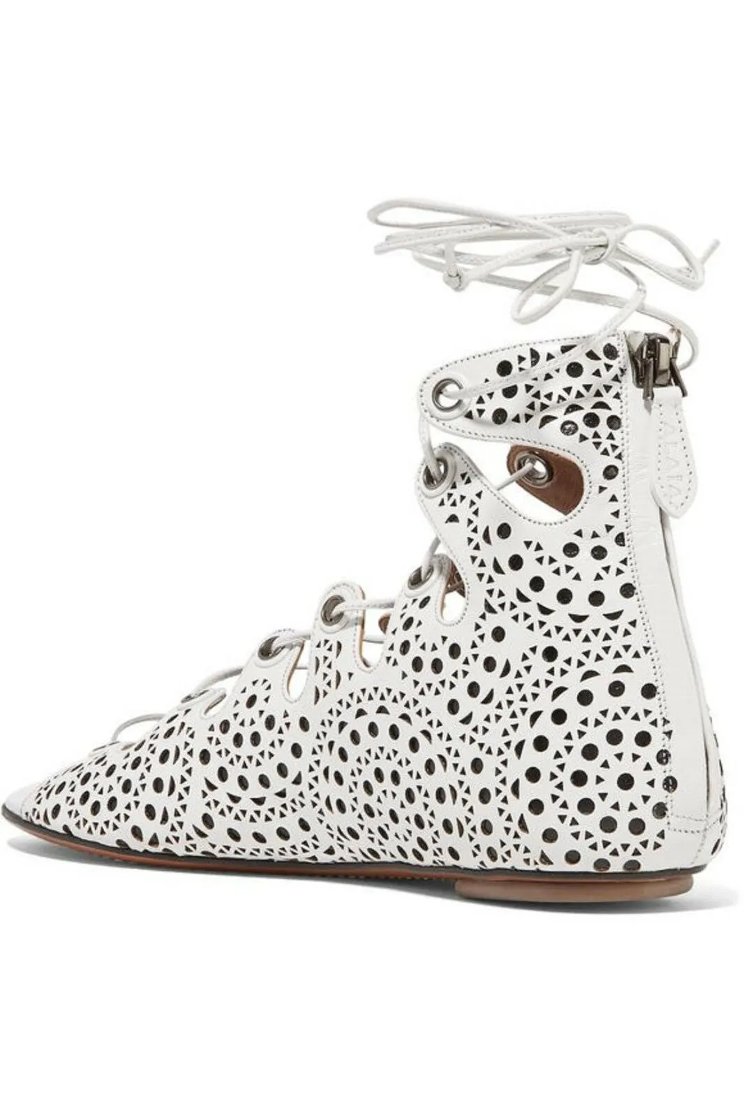 Azzedine Alaia FLAT LASER-CUT WHITE LEATHER SANDALS Size 39 US 9 UK 6 ladies