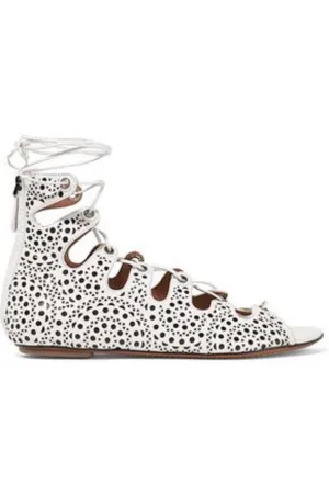 Azzedine Alaia FLAT LASER-CUT WHITE LEATHER SANDALS Size 39 US 9 UK 6 ladies