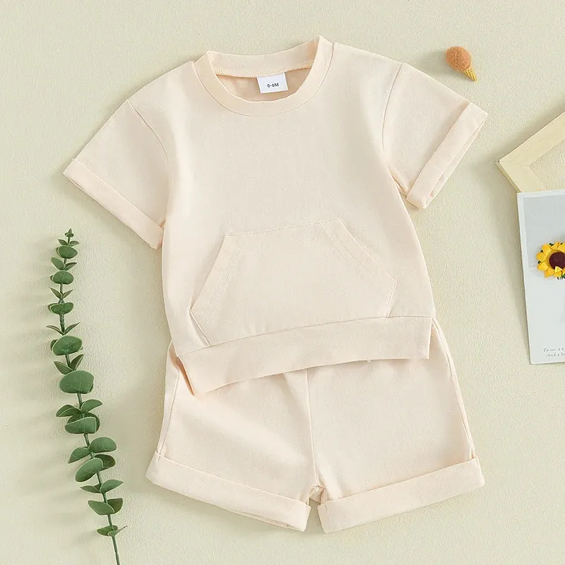 Baby Boys Short Sleeve Pocket T-Shirt and Elastic Shorts 2 Piece Outfits