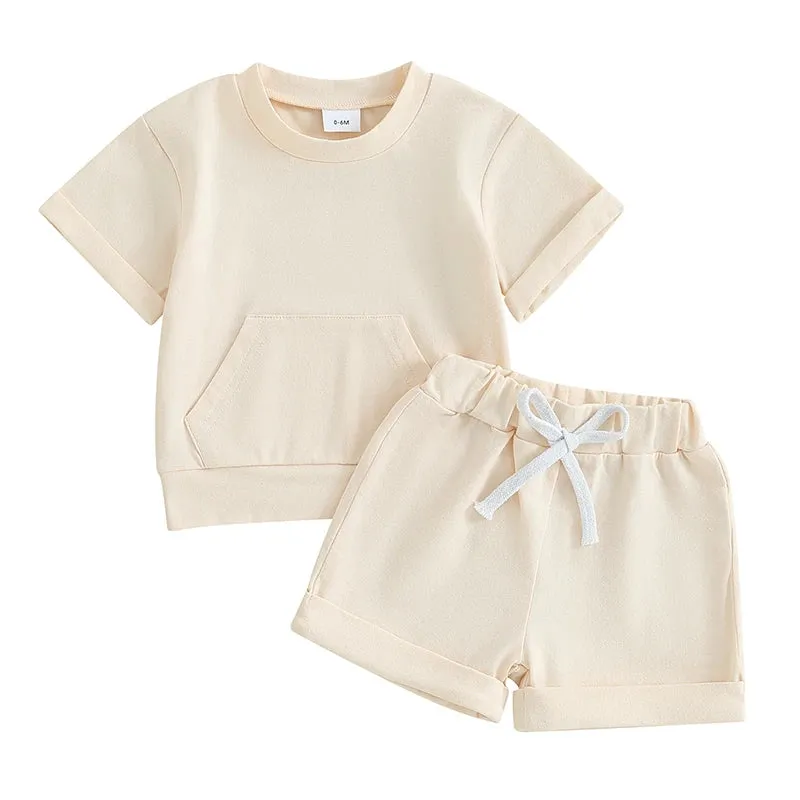 Baby Boys Short Sleeve Pocket T-Shirt and Elastic Shorts 2 Piece Outfits