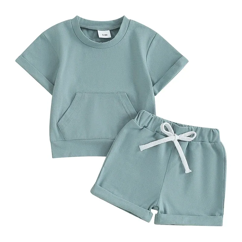 Baby Boys Short Sleeve Pocket T-Shirt and Elastic Shorts 2 Piece Outfits