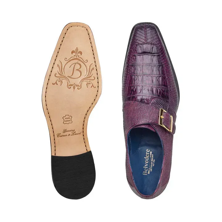 Belvedere Pablo Crocodile and Lizard Single Buckle Monk Strap Shoes Purple
