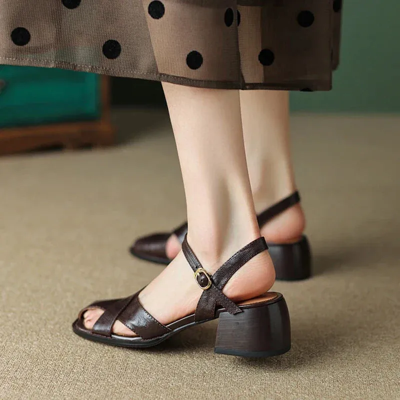 binfenxie Genuine Leather Sandals Women 2023 Summer Cover Toe Slingback Shoes for Women Casual Gladiator Women Shoes Vintage Roman Sandals