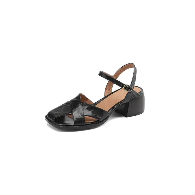 binfenxie Genuine Leather Sandals Women 2023 Summer Cover Toe Slingback Shoes for Women Casual Gladiator Women Shoes Vintage Roman Sandals