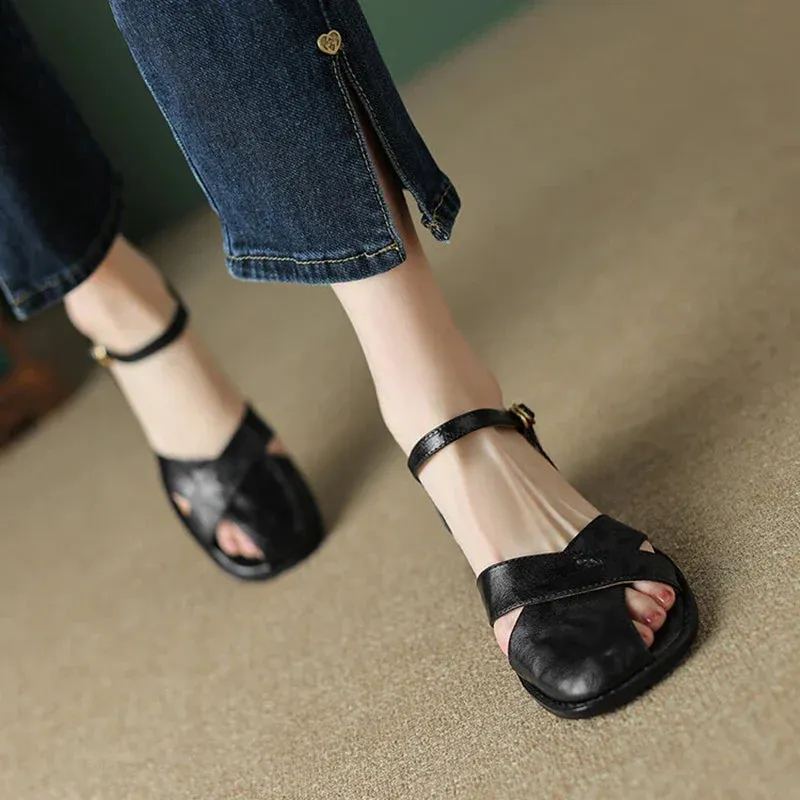 binfenxie Genuine Leather Sandals Women 2023 Summer Cover Toe Slingback Shoes for Women Casual Gladiator Women Shoes Vintage Roman Sandals