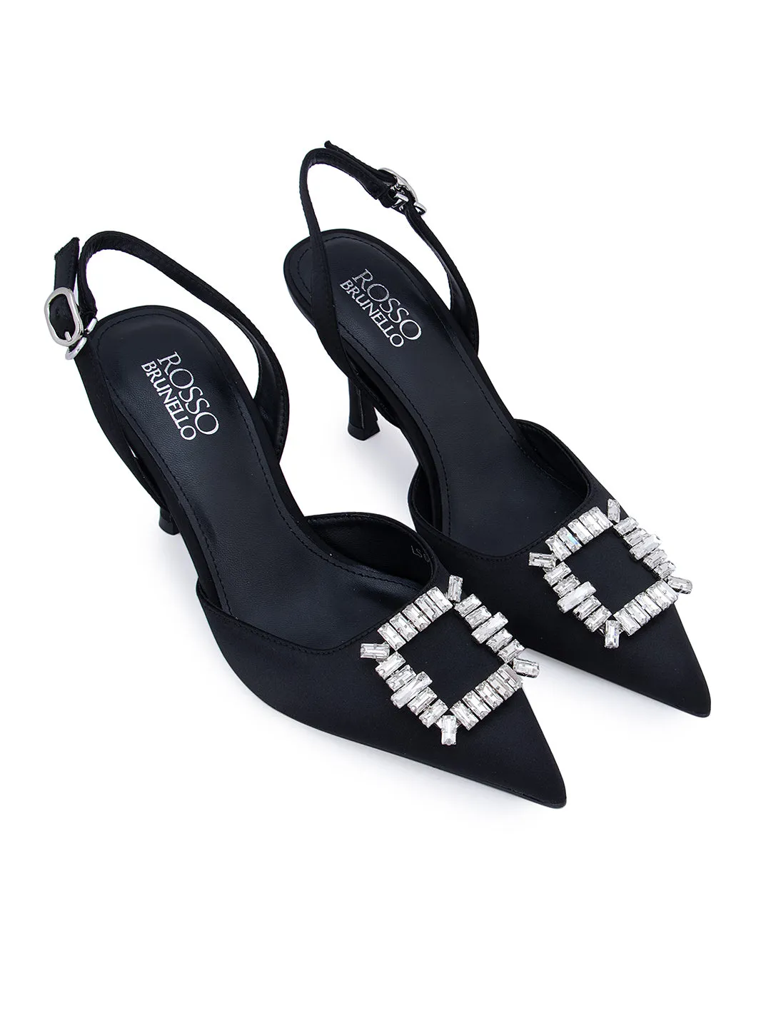 Black Buckle Embellished Slingback Heels
