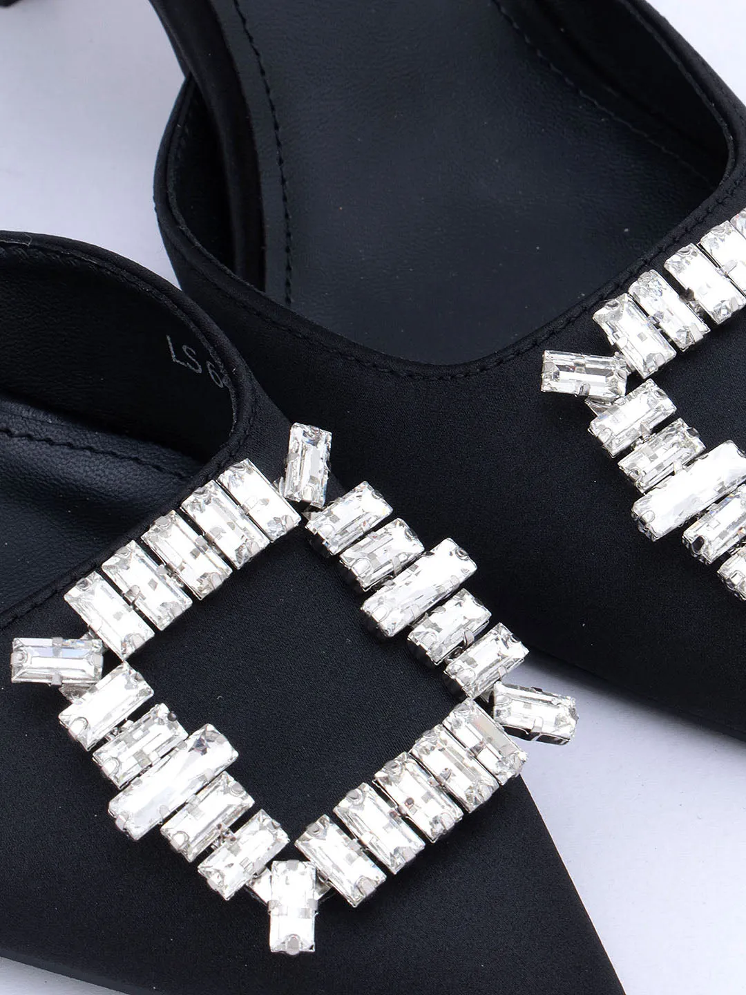 Black Buckle Embellished Slingback Heels