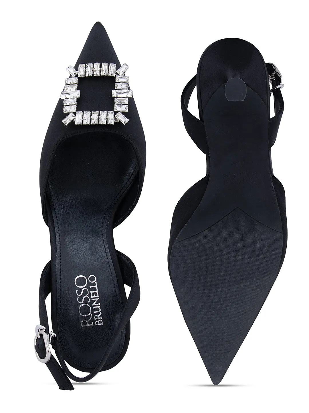 Black Buckle Embellished Slingback Heels