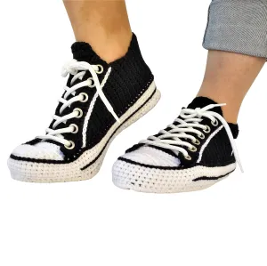 Black Canvas Low-Top Platform Crochet Sneakers - Handcrafted Unisex Slippers for a Cozy Winter