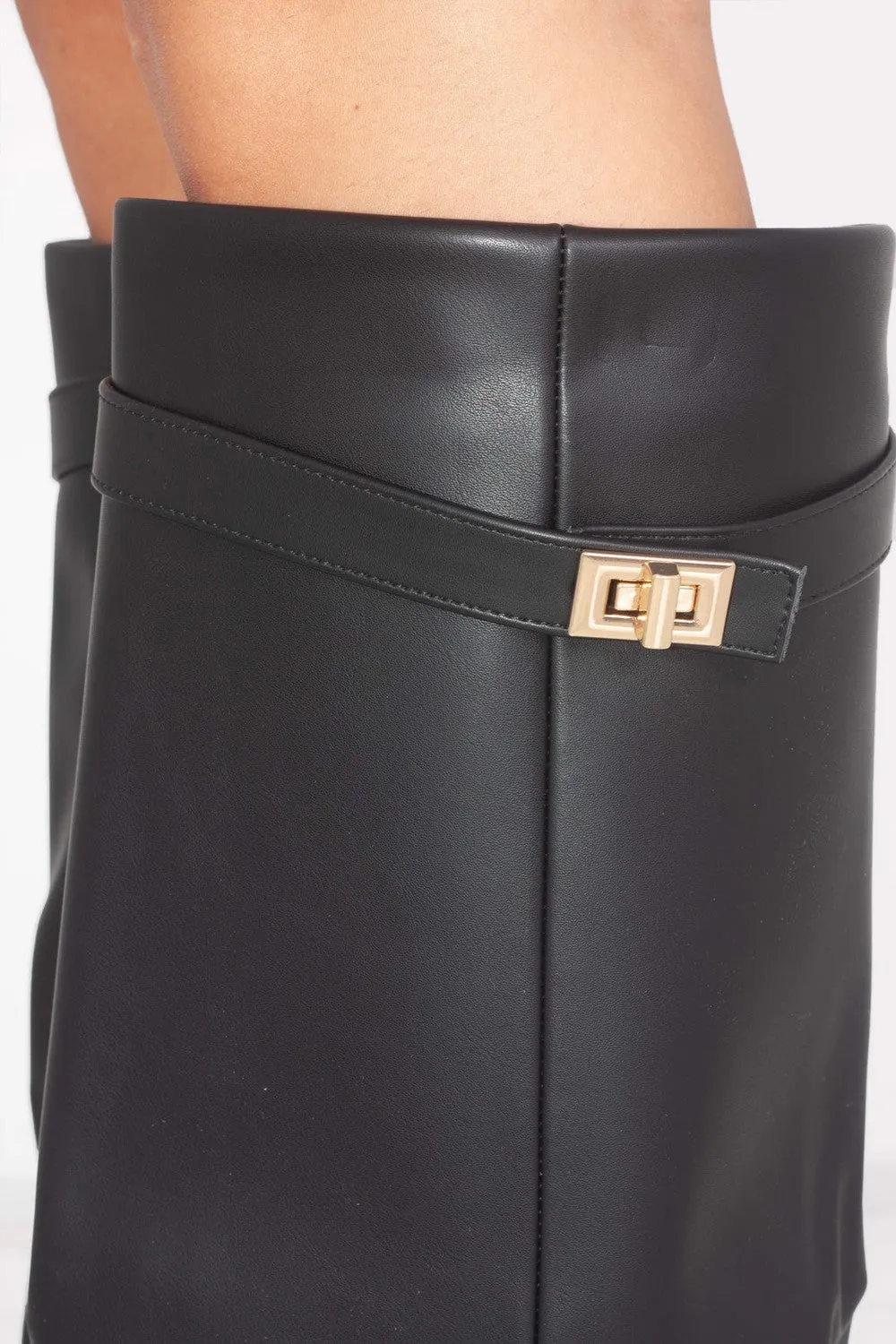 Black Leather Fold Over Shark Classic Buckle Knee High Boot