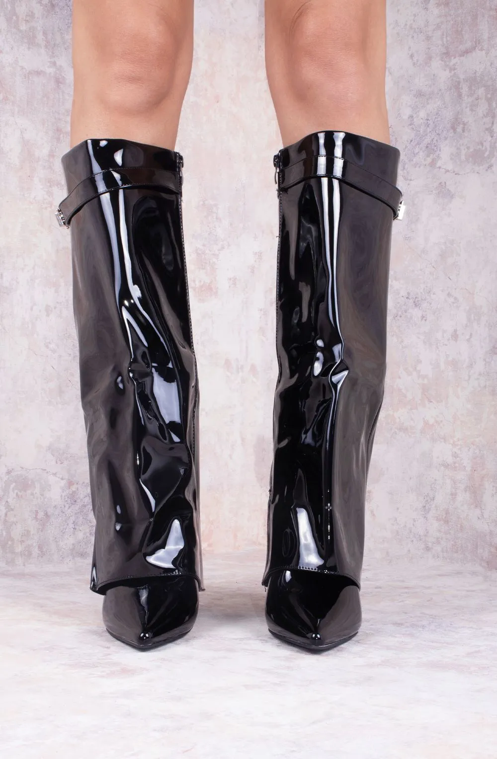Black Leather Fold Over Shark Classic Buckle Knee High Boot