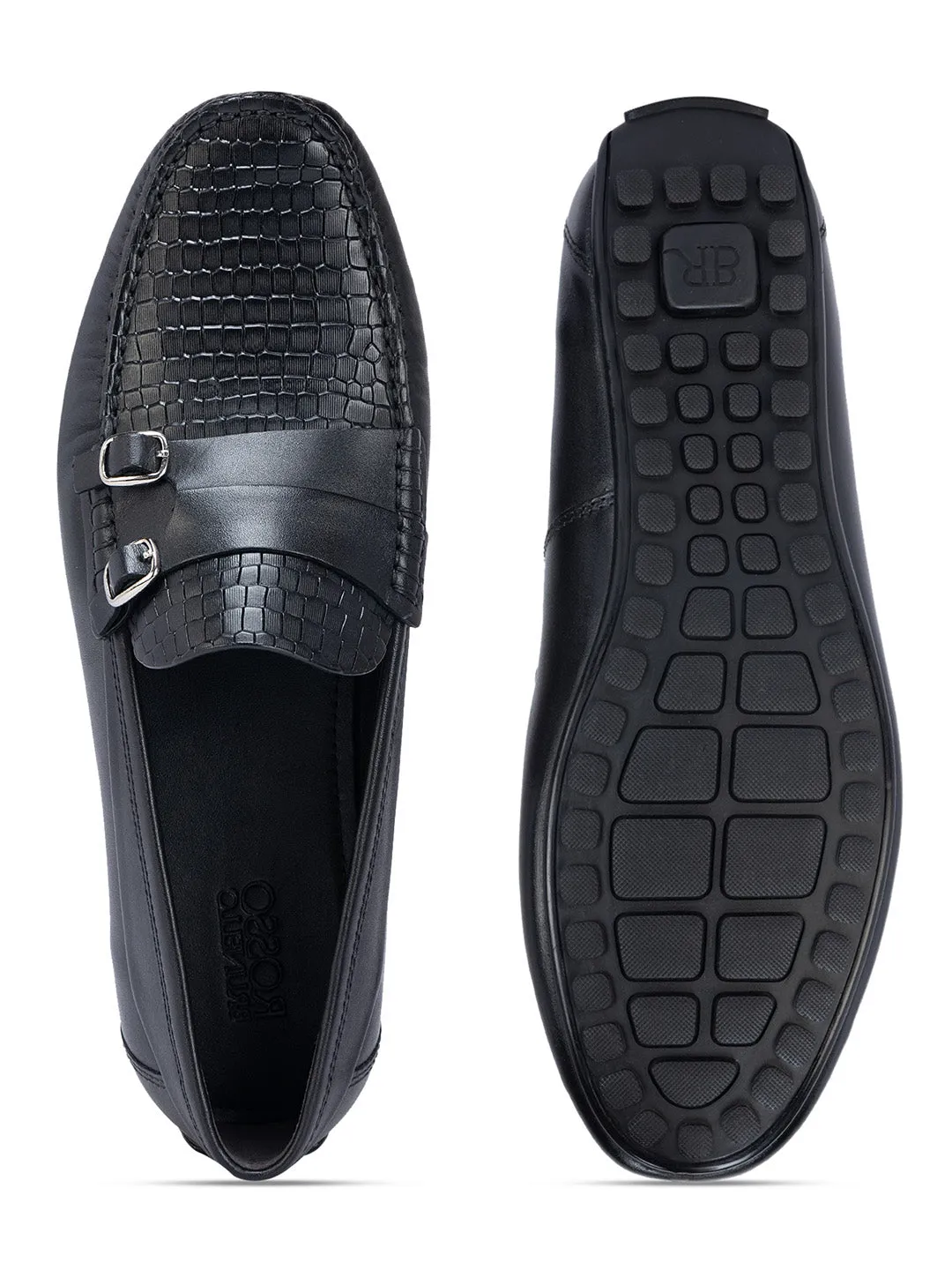 Black Textured Monk Style Moccasins