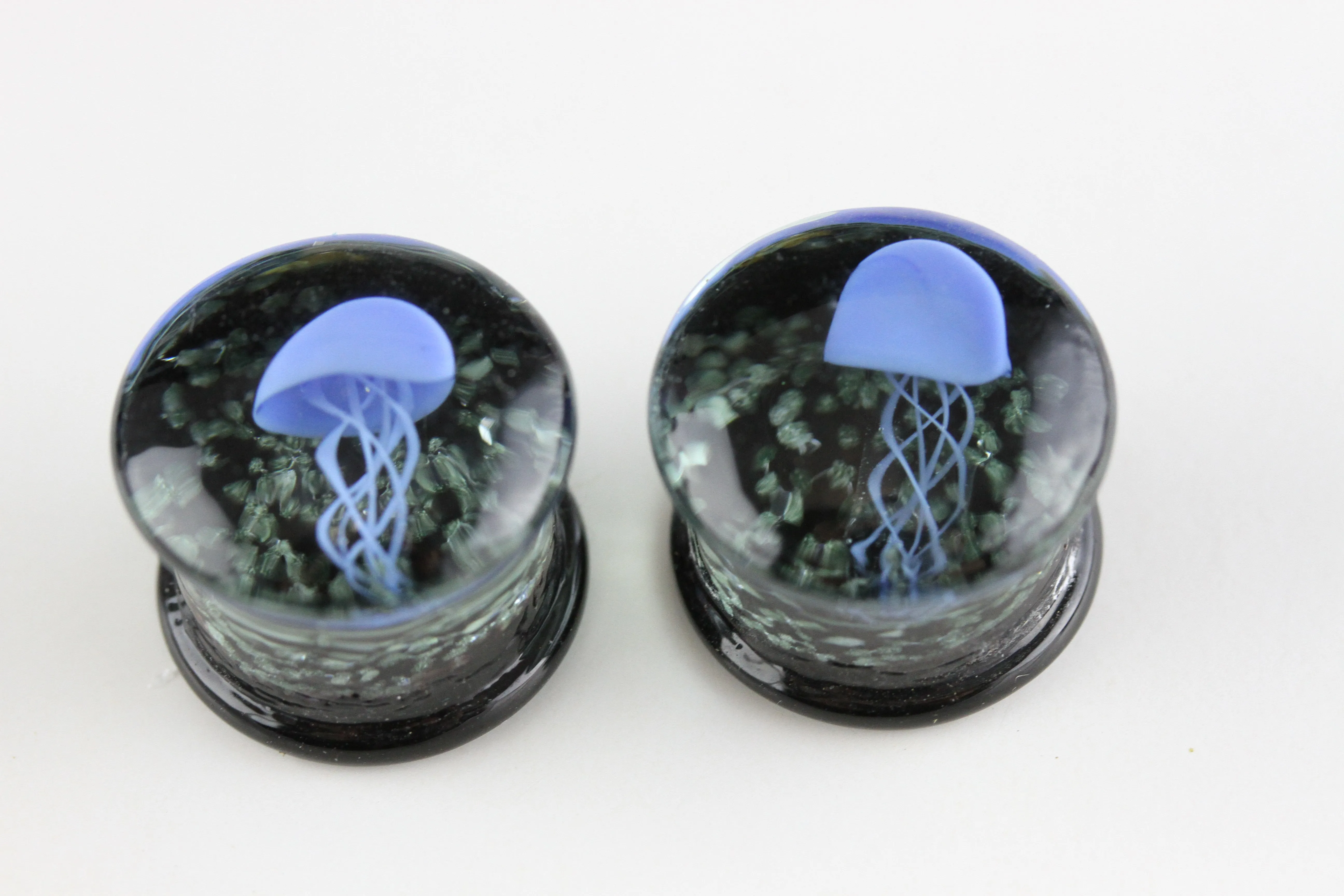 Blue JellyFish Glass Glow in the Dark Plugs (8mm - 16mm) (Pair) - G019