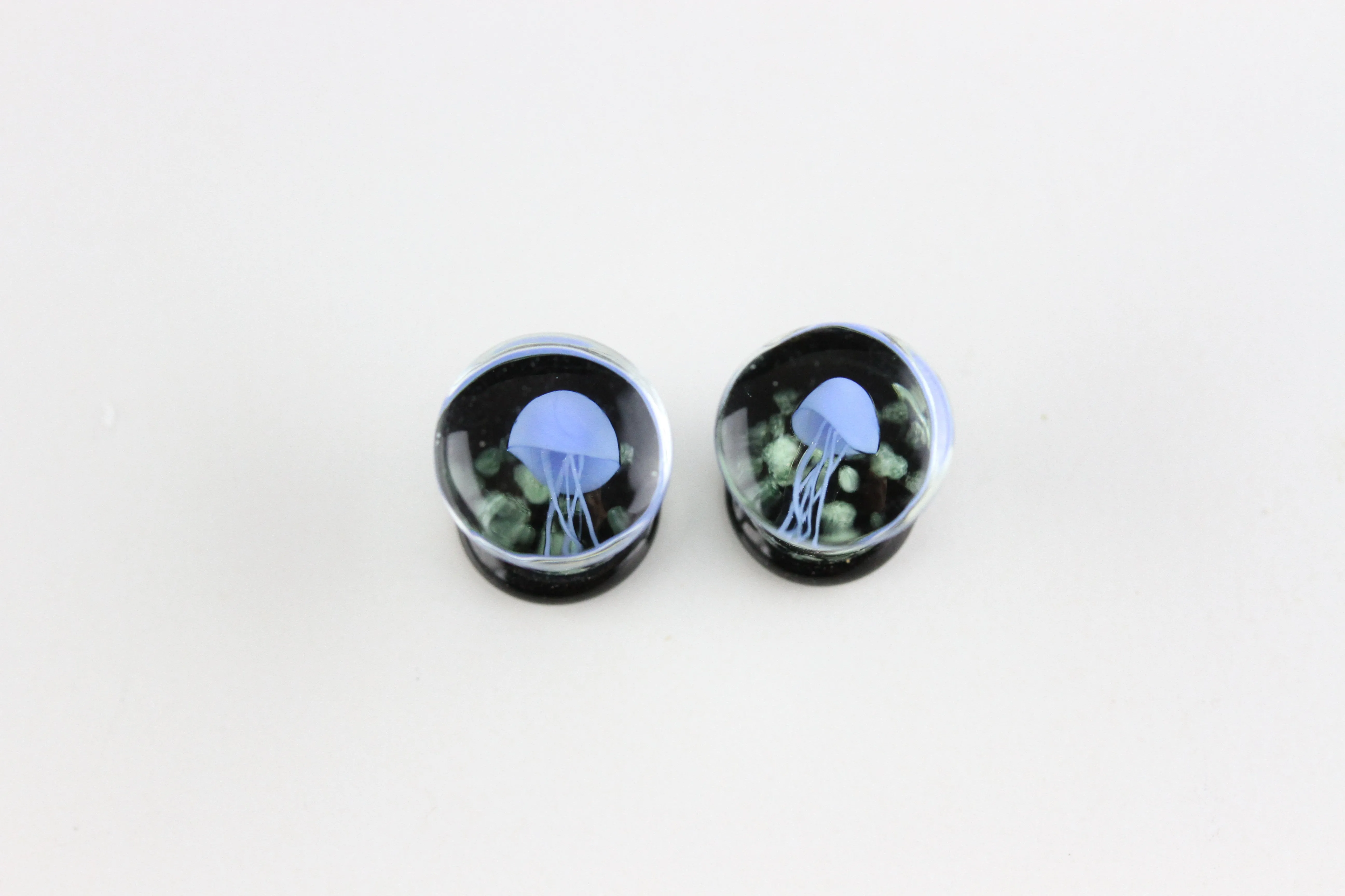 Blue JellyFish Glass Glow in the Dark Plugs (8mm - 16mm) (Pair) - G019